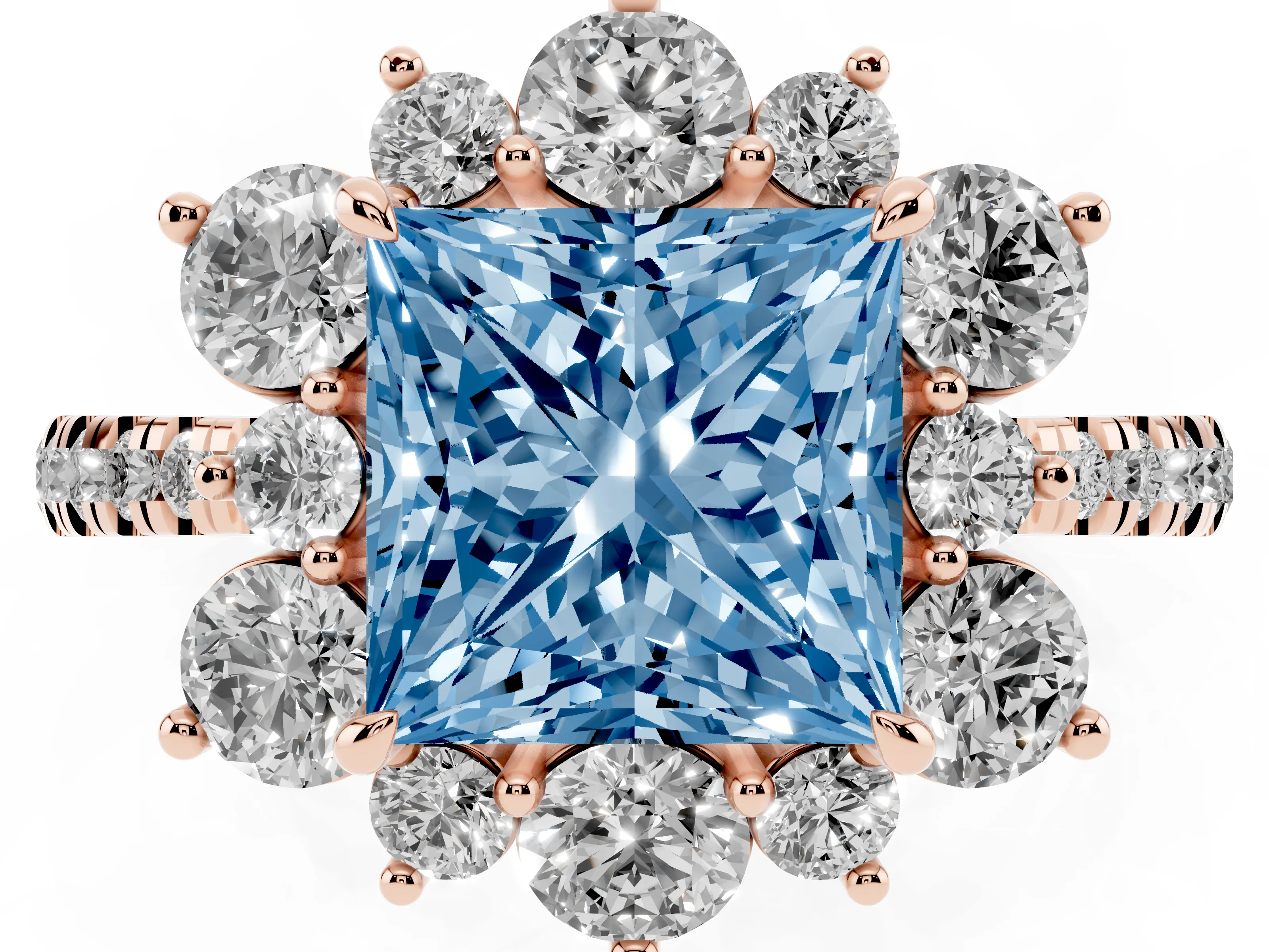 Fancy Blue Princess Cut Diamond Floral Halo Ring Set in Rose gold with Round Pavé Band and Prong Setting