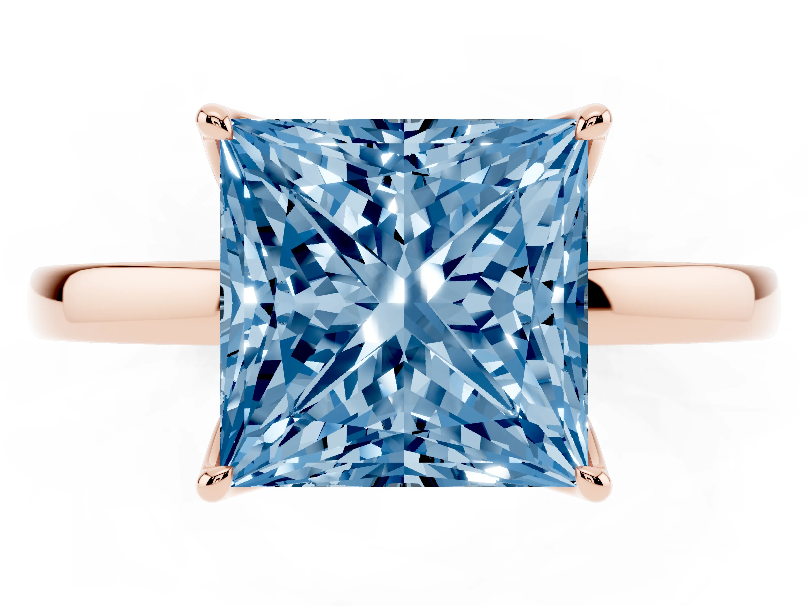 Fancy Blue Princess Cut Diamond Solitaire Ring Set in Rose gold with Prong Setting and Thin Polished Band
