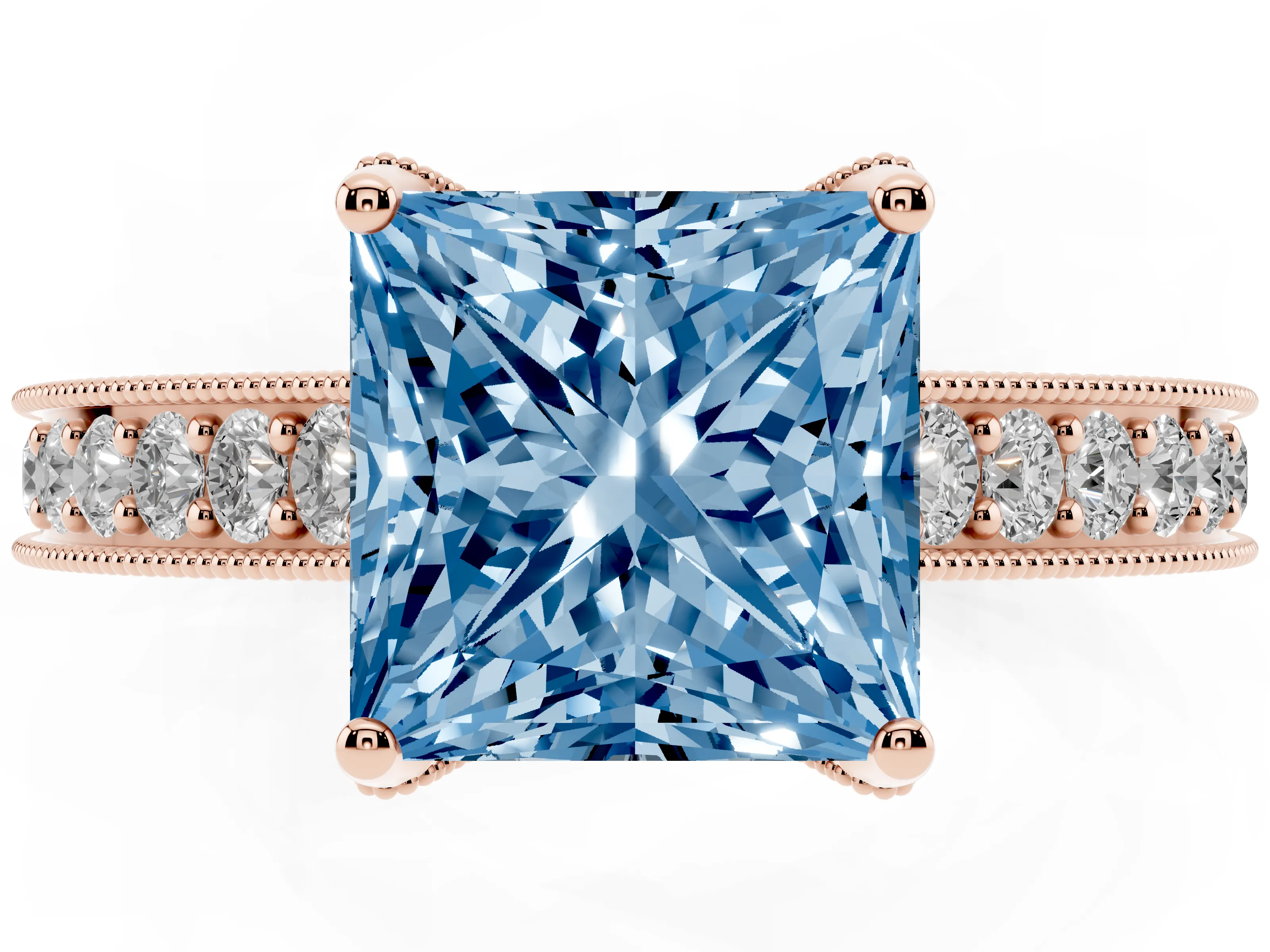 Fancy Blue Princess Cut Diamond Solitaire Ring Set in Rose gold with Milgrain-Edged Pavé Band and Prong Setting