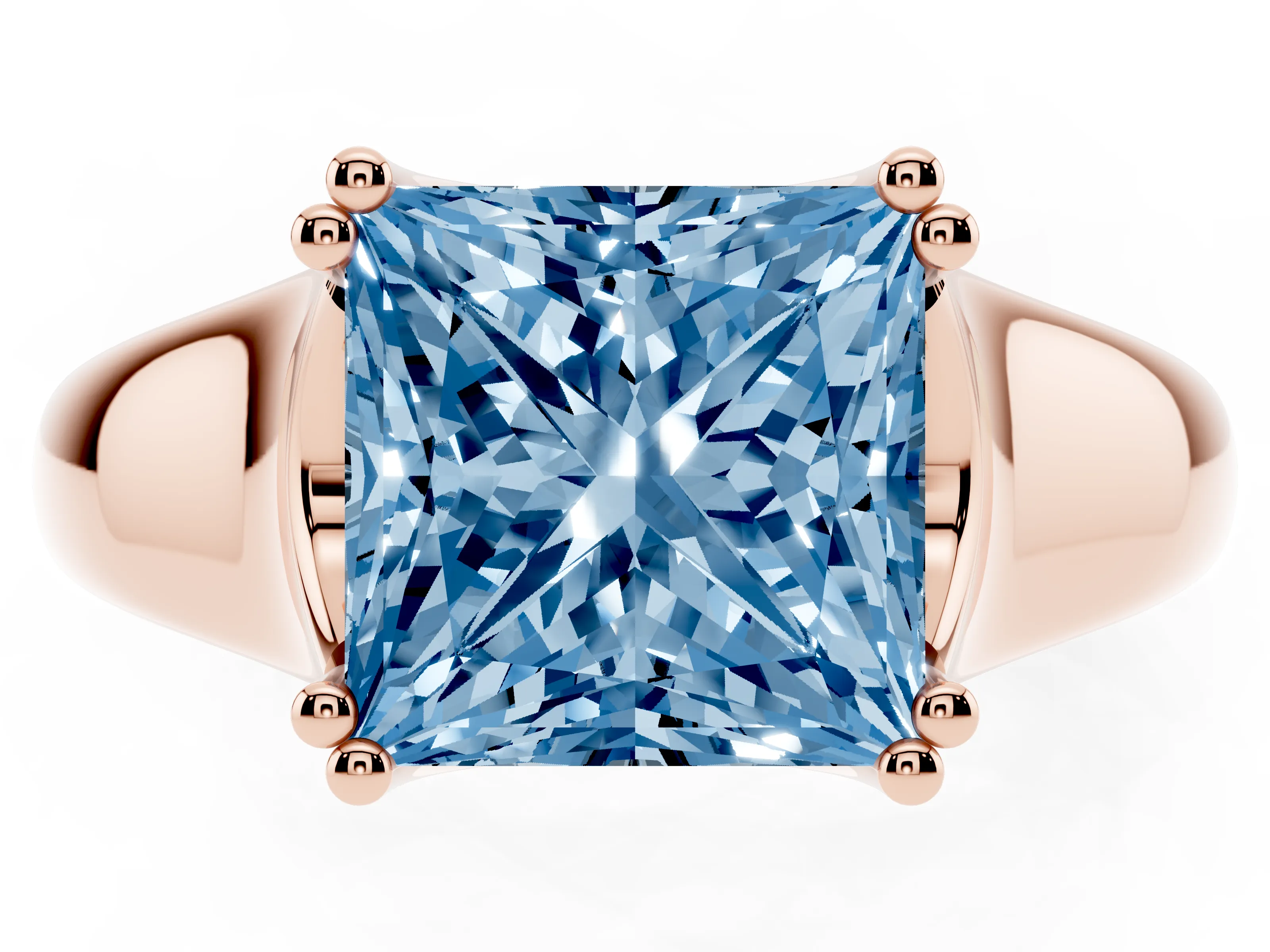 Fancy Blue Princess Cut Diamond Solitaire Ring Set in Rose gold with Wide Band and Prong Setting