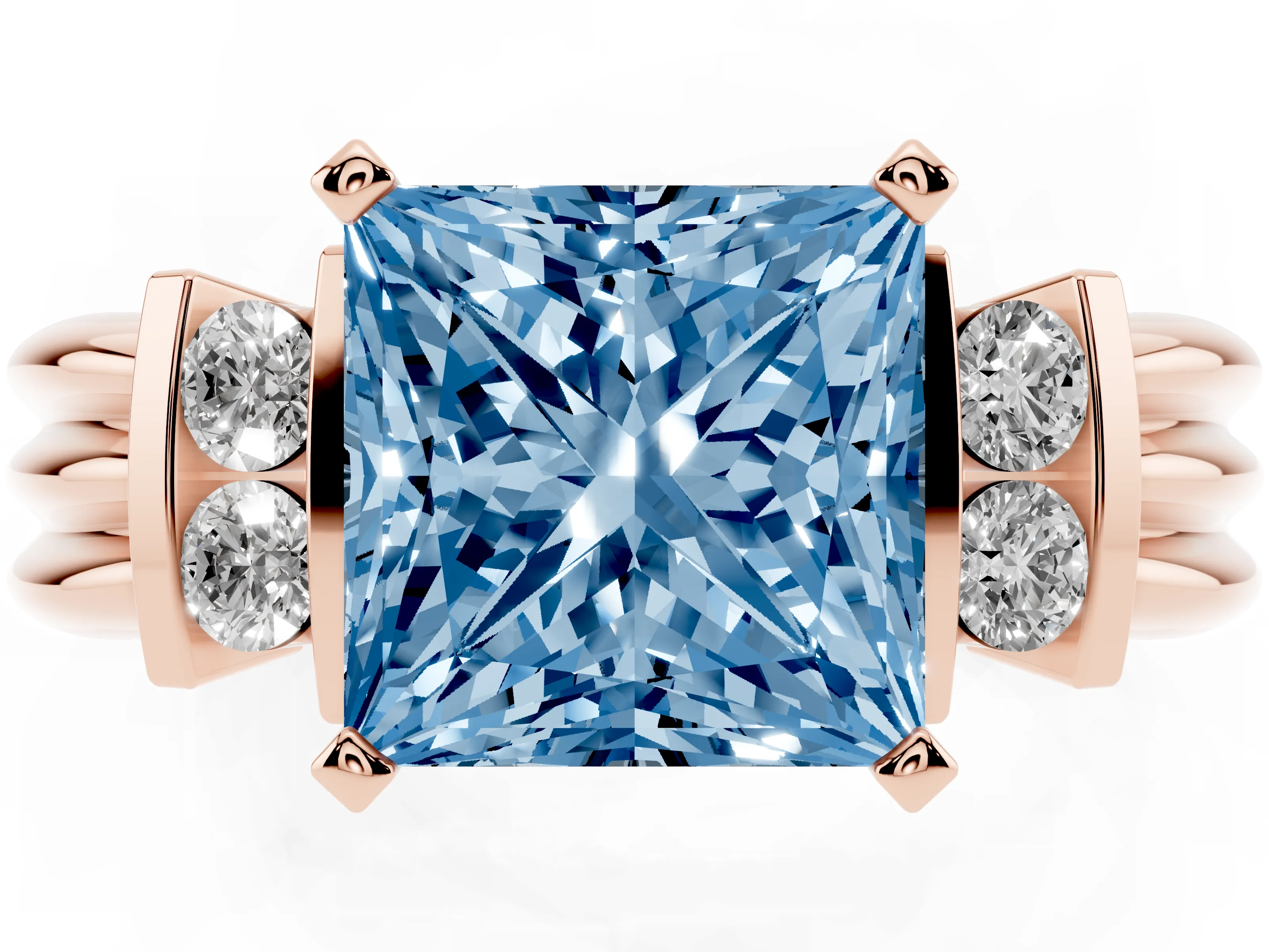 Fancy Blue Three-Stone Princess Cut Diamond Channel Set Ring Set in Rose gold with Bar Prongs