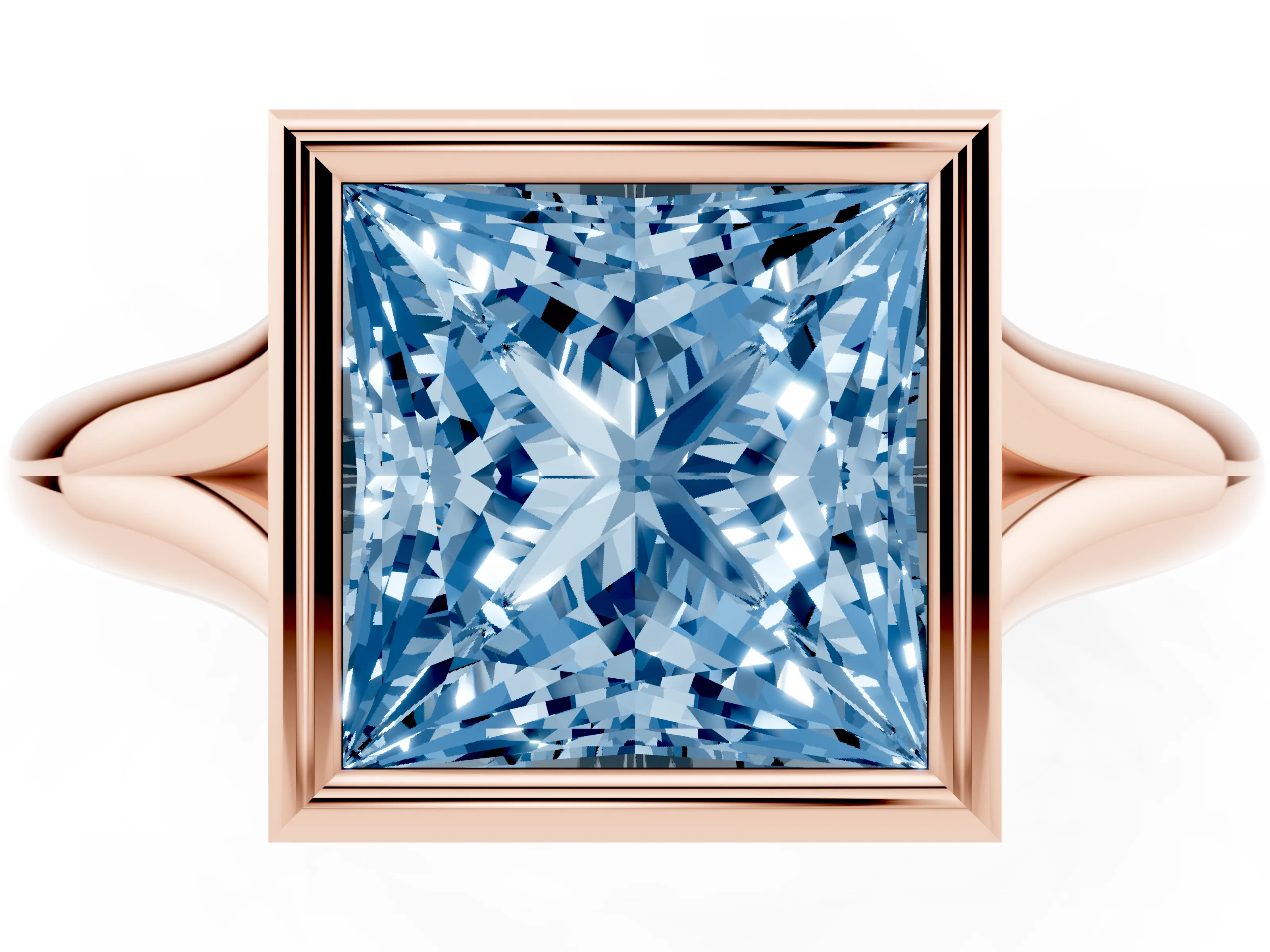 Fancy Blue Bezel Set Princess Cut Diamond Solitaire Ring Set in Rose gold with Smooth Band