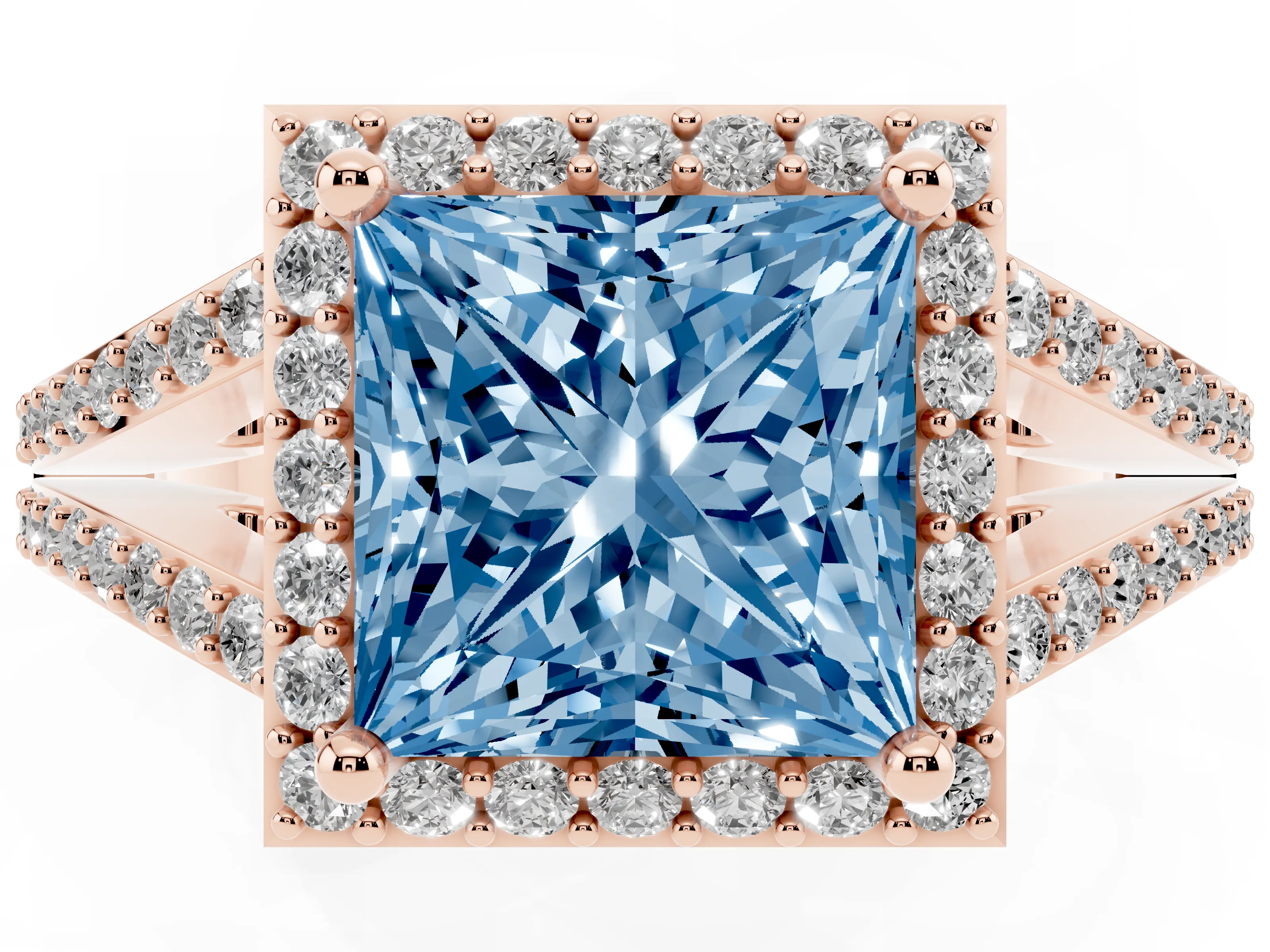 Fancy Blue Princess Cut Diamond Halo Split Shank Pavé Ring Set in Rose gold with Prong Setting