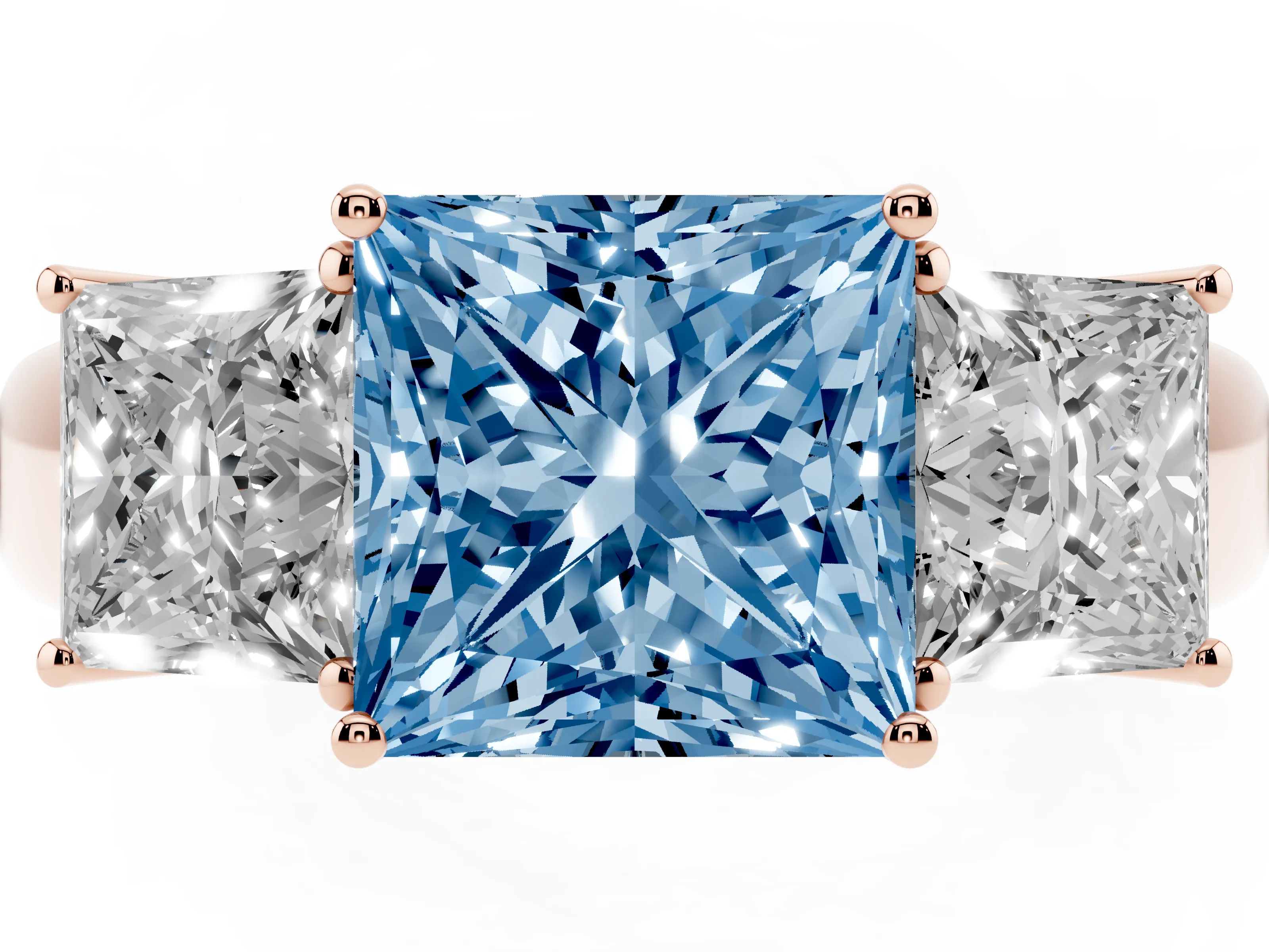Fancy Blue Three-Stone Princess Cut Diamond Ring Set in Rose gold with Matching Prong Settings and Plain Band