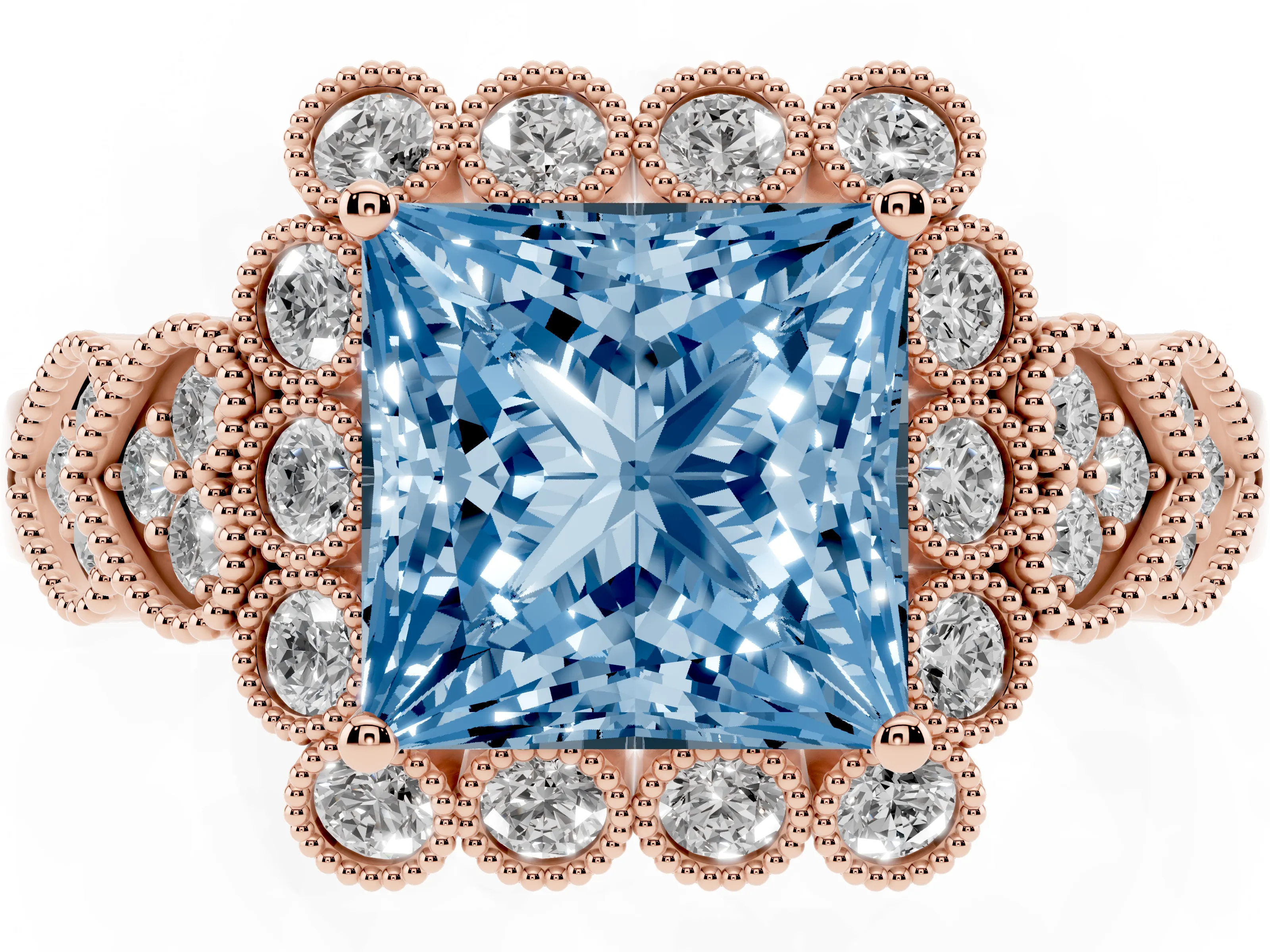 Fancy Blue Princess Cut Diamond Solitaire Ring Set in Rose gold with Milgrain Pavé Heart Band