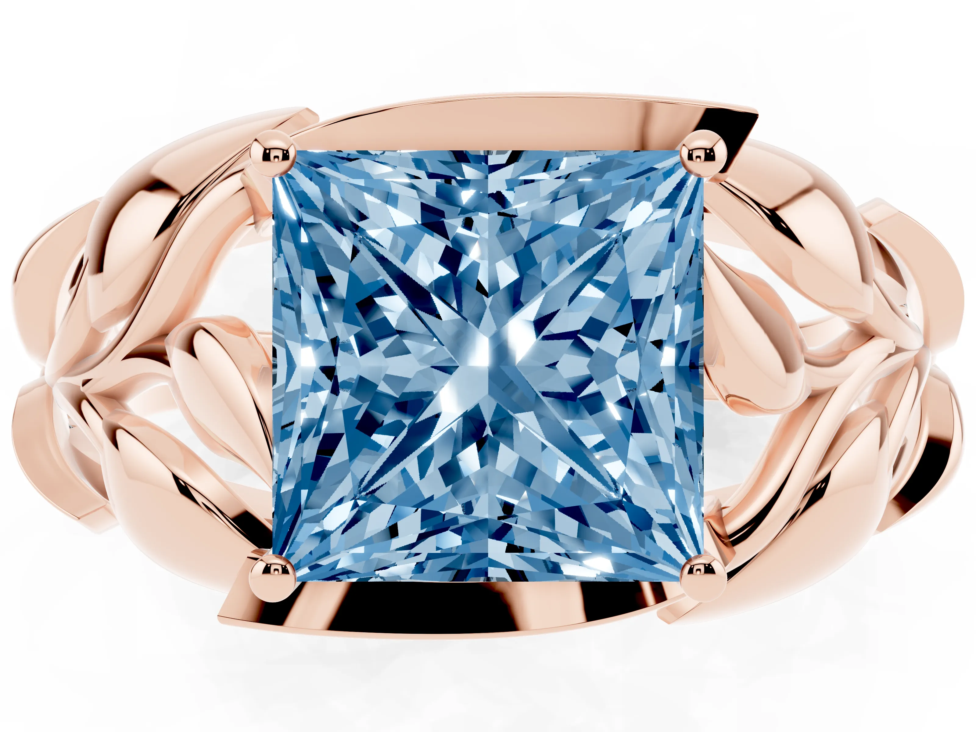 Fancy Blue Princess Cut Diamond Leaf-Inspired Engagement Ring Set in Rose gold with Round Accents