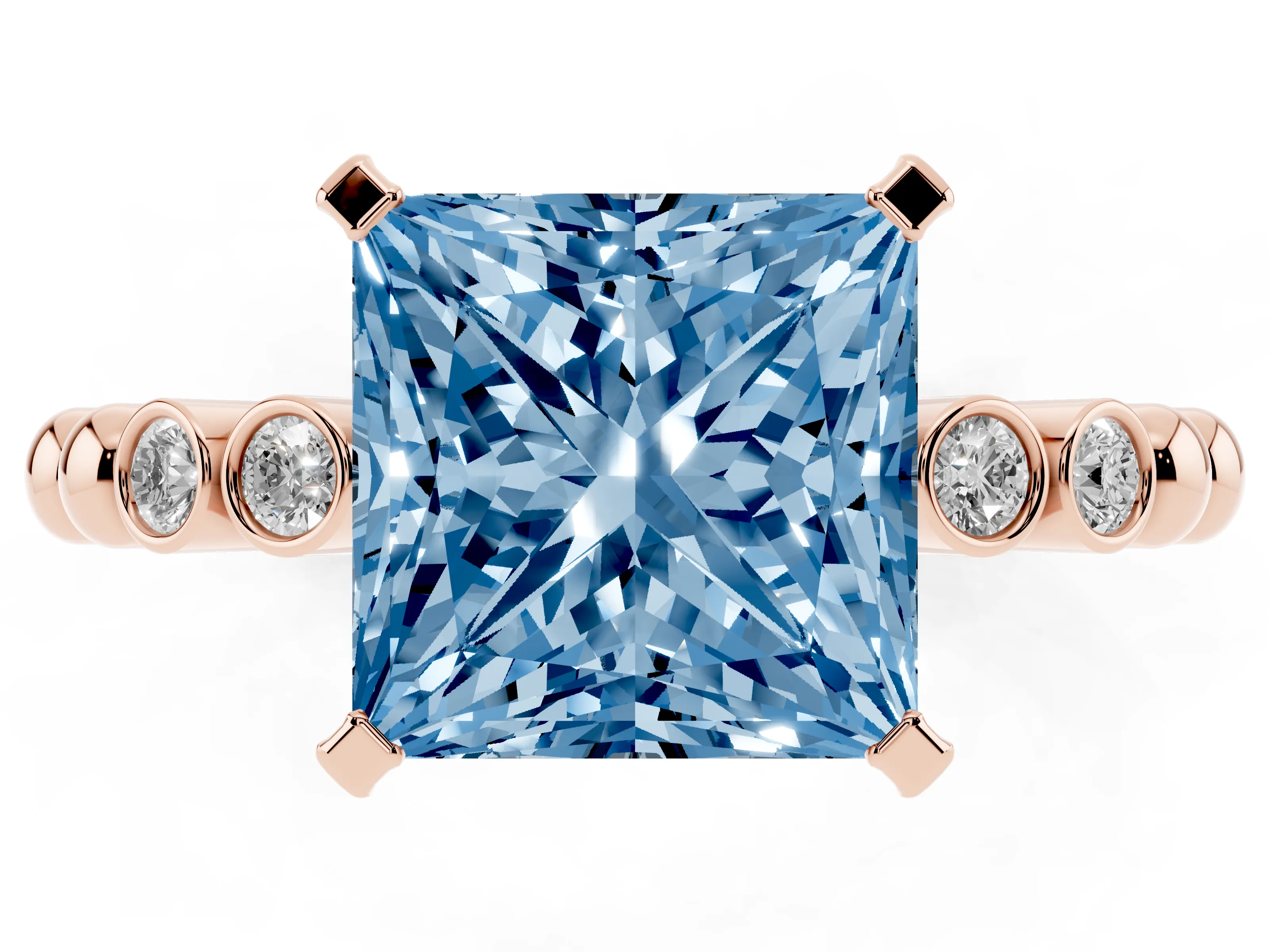 Fancy Blue Princess Cut Diamond Solitaire Engagement Ring Set in Rose gold with Bezel Accents on Beaded Band