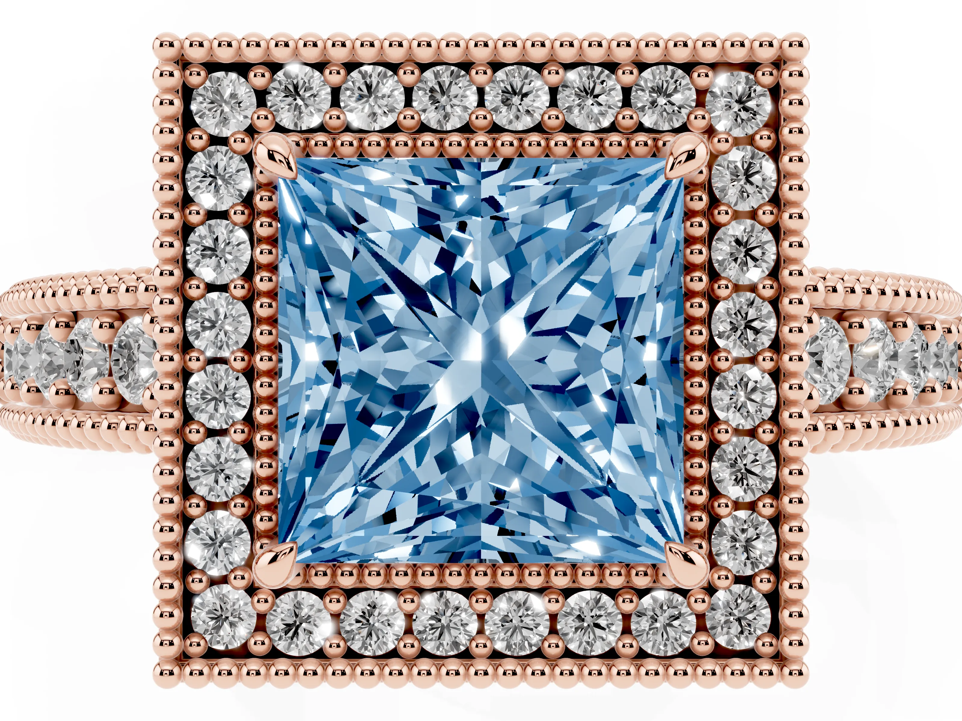 Fancy Blue Princess Cut Diamond Halo Ring Set in Rose gold with Round Accent Halo, Pavé Band and Prong Setting