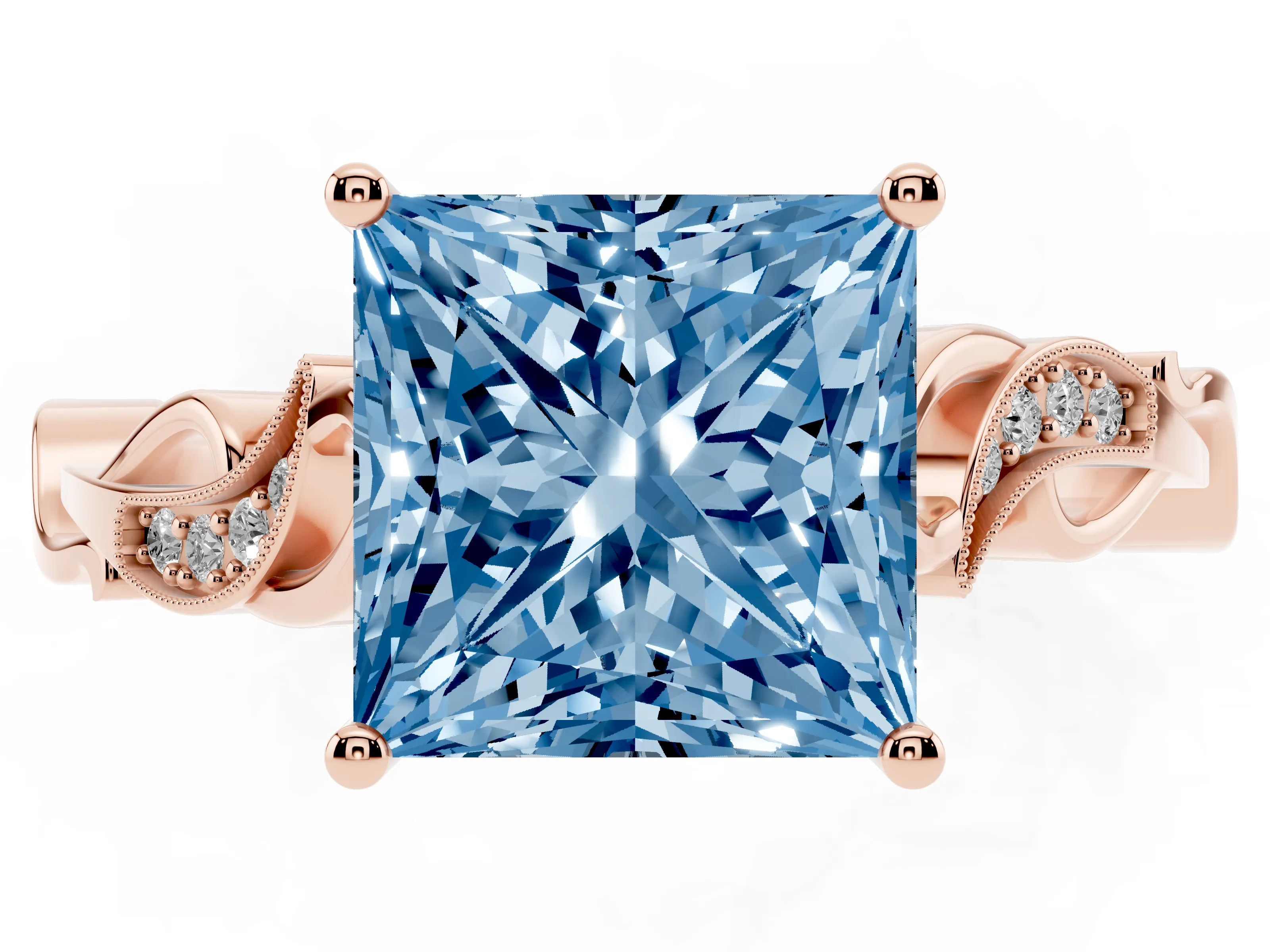 Fancy Blue Princess Cut Diamond Vine Band Solitaire Ring Set in Rose gold with Milgrain Prong Setting