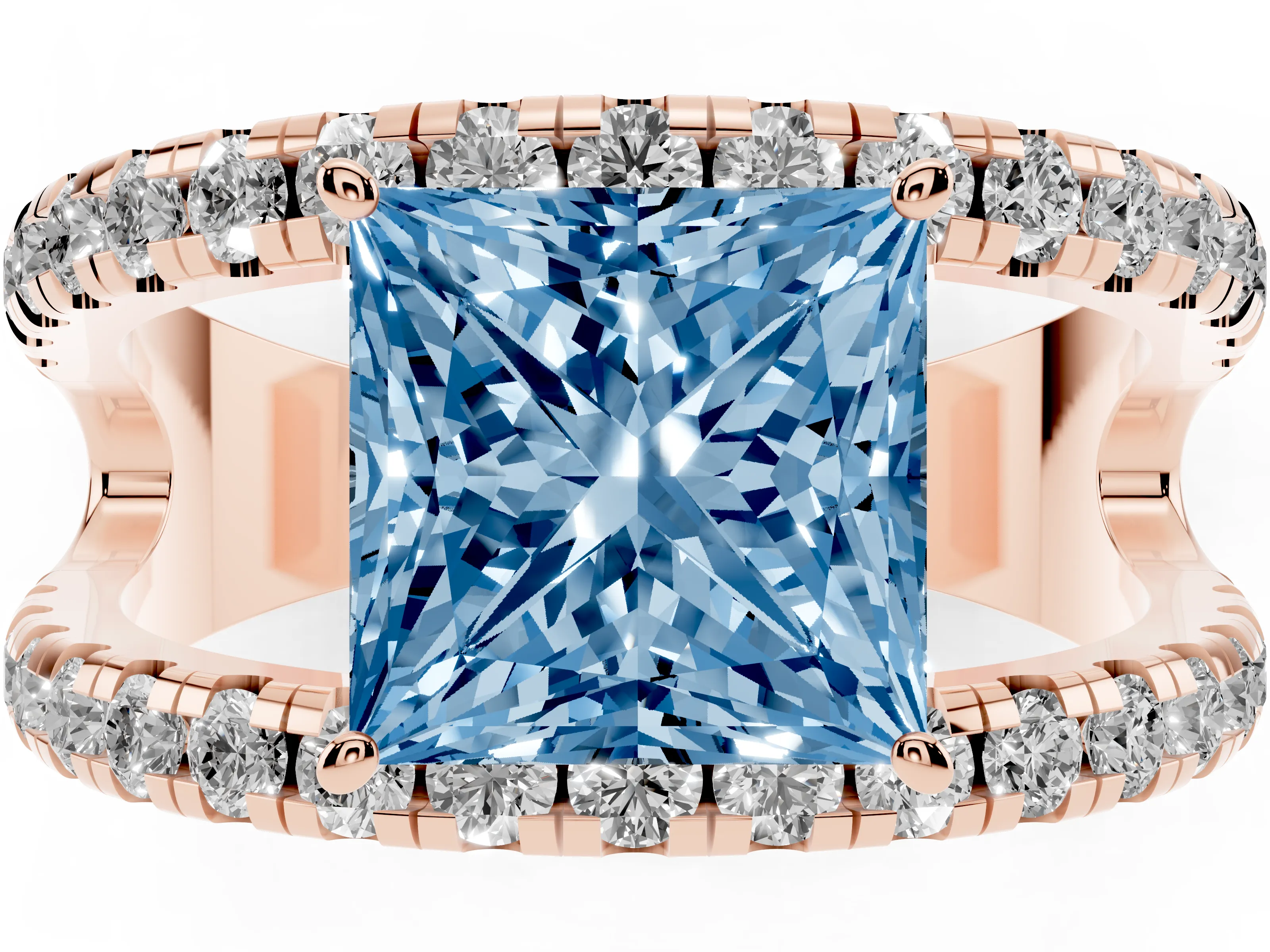 Fancy Blue Princess Cut Diamond Split Shank Pavé Solitaire Ring Set in Rose gold with Open Shank Design