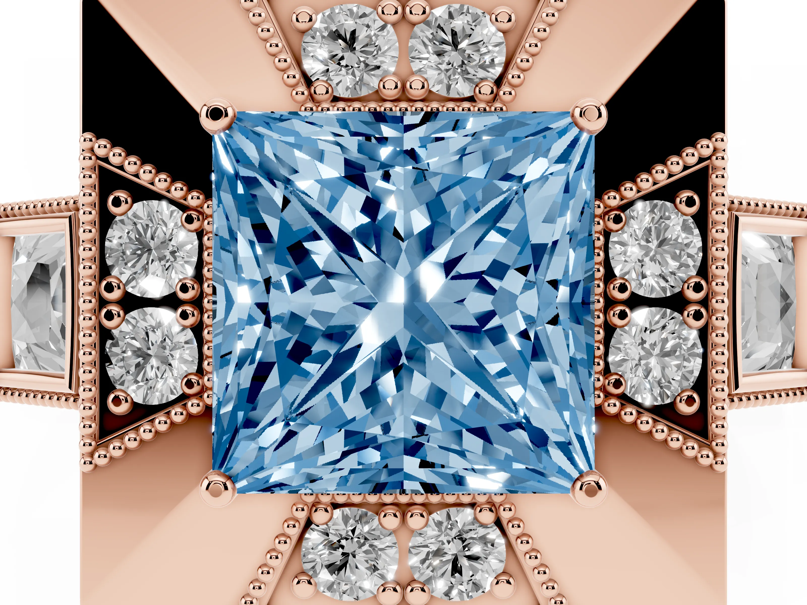 Fancy Blue Princess Cut Diamond Milgrain Halo Ring Set in Rose gold with Split Shank