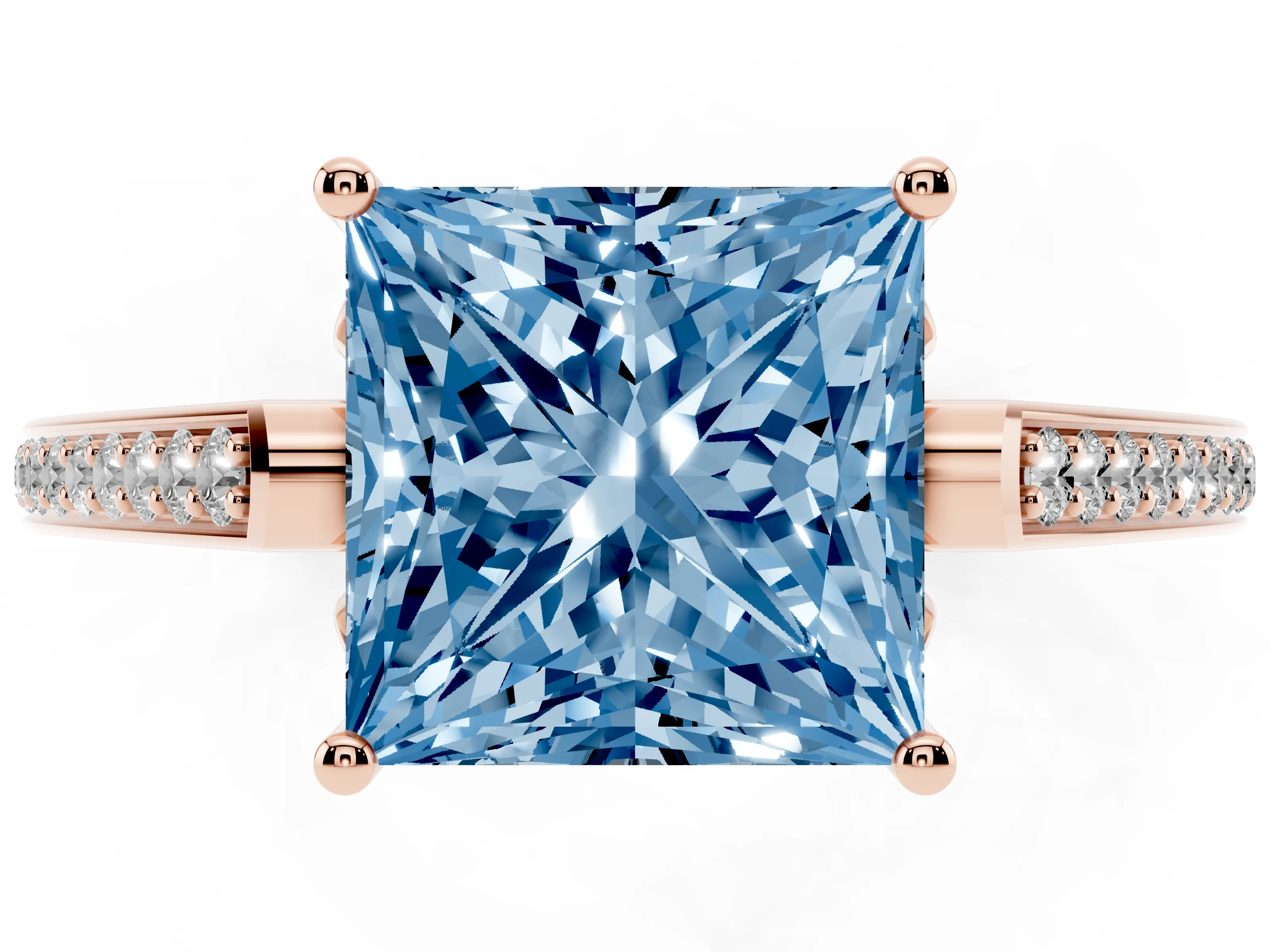 Fancy Blue Princess Cut Diamond Cathedral Pavé Engagement Ring Set in Rose gold with Prong Setting