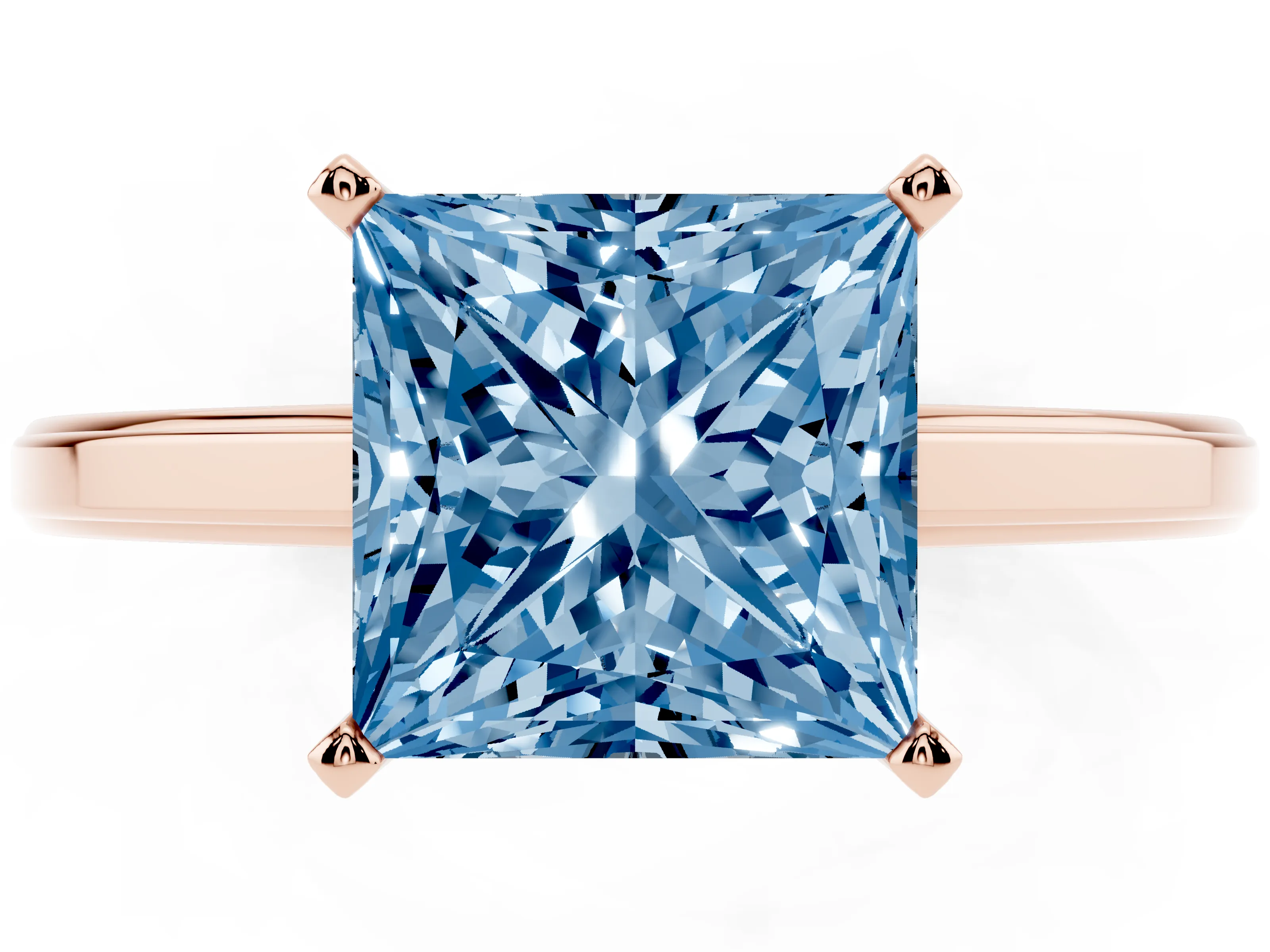 Fancy Blue Princess Cut Diamond Solitaire Ring Set in Rose gold with Prong Setting and Classic Band