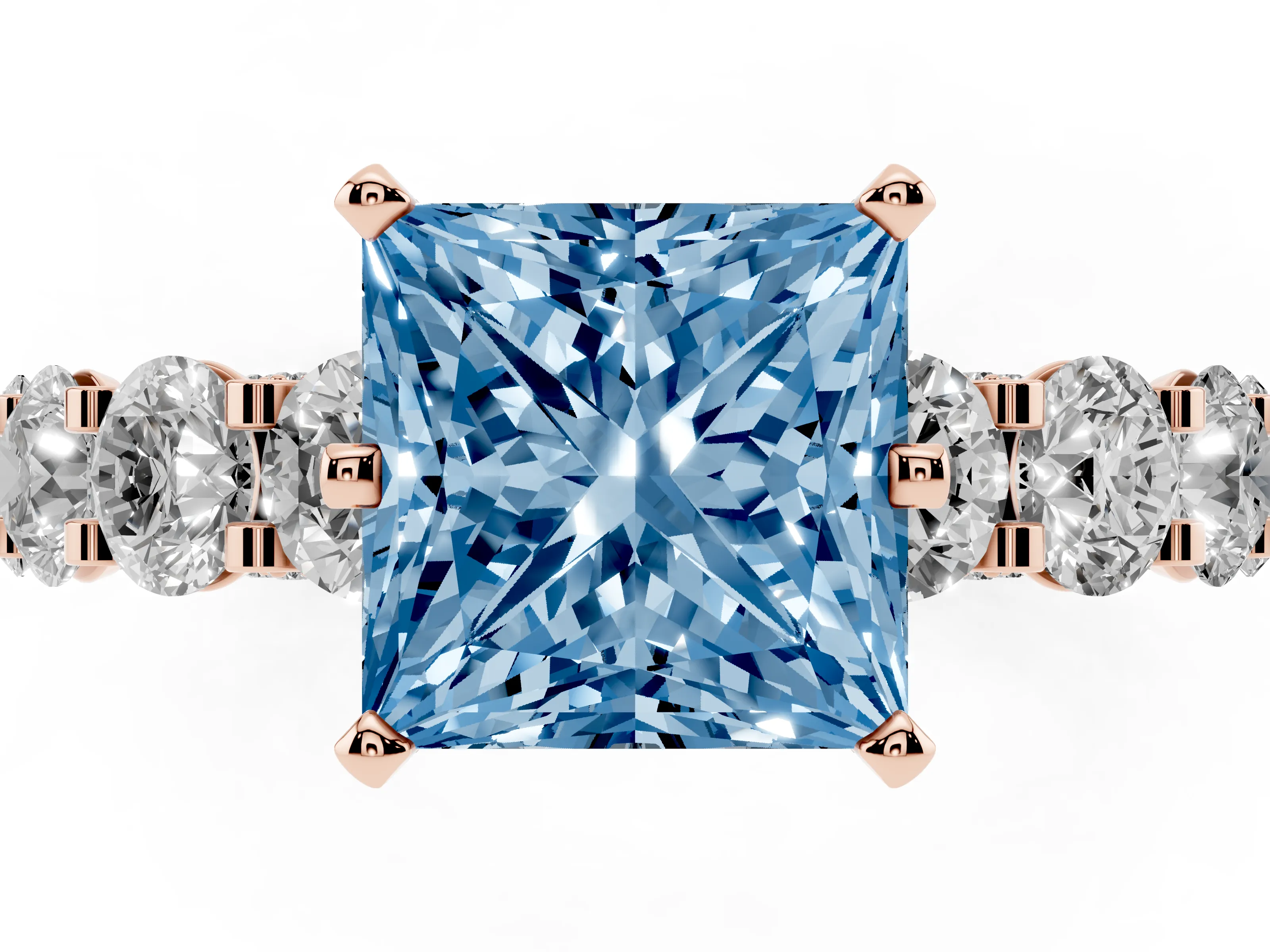 Fancy Blue Princess Cut Diamond Side Stone Ring Set in Rose gold with Alternating Round and Oval Side Stones