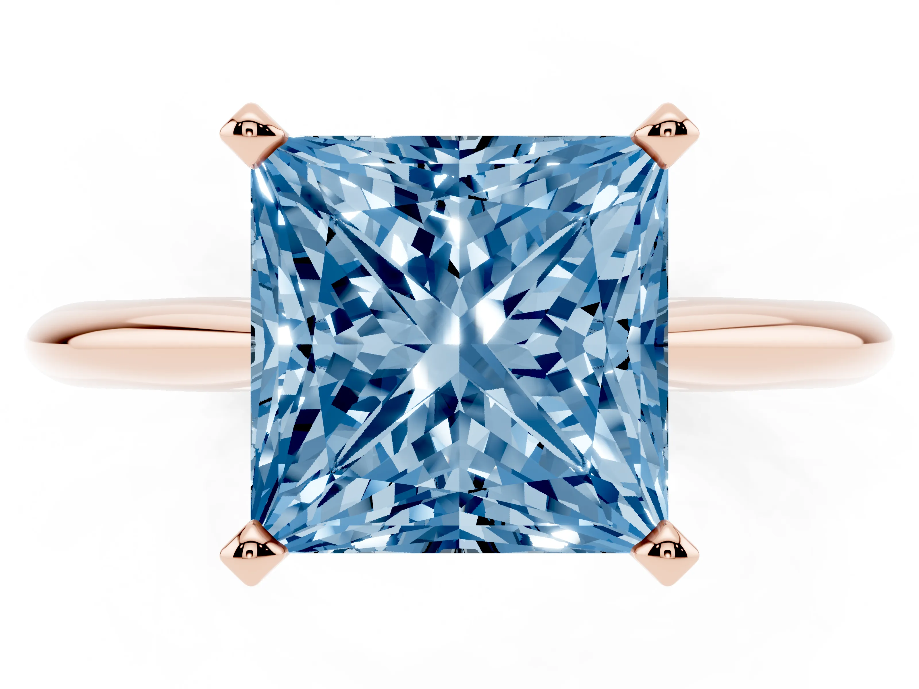Fancy Blue Princess Cut Diamond Solitaire Ring Set in Rose gold with Prong Setting on a Plain Round Band