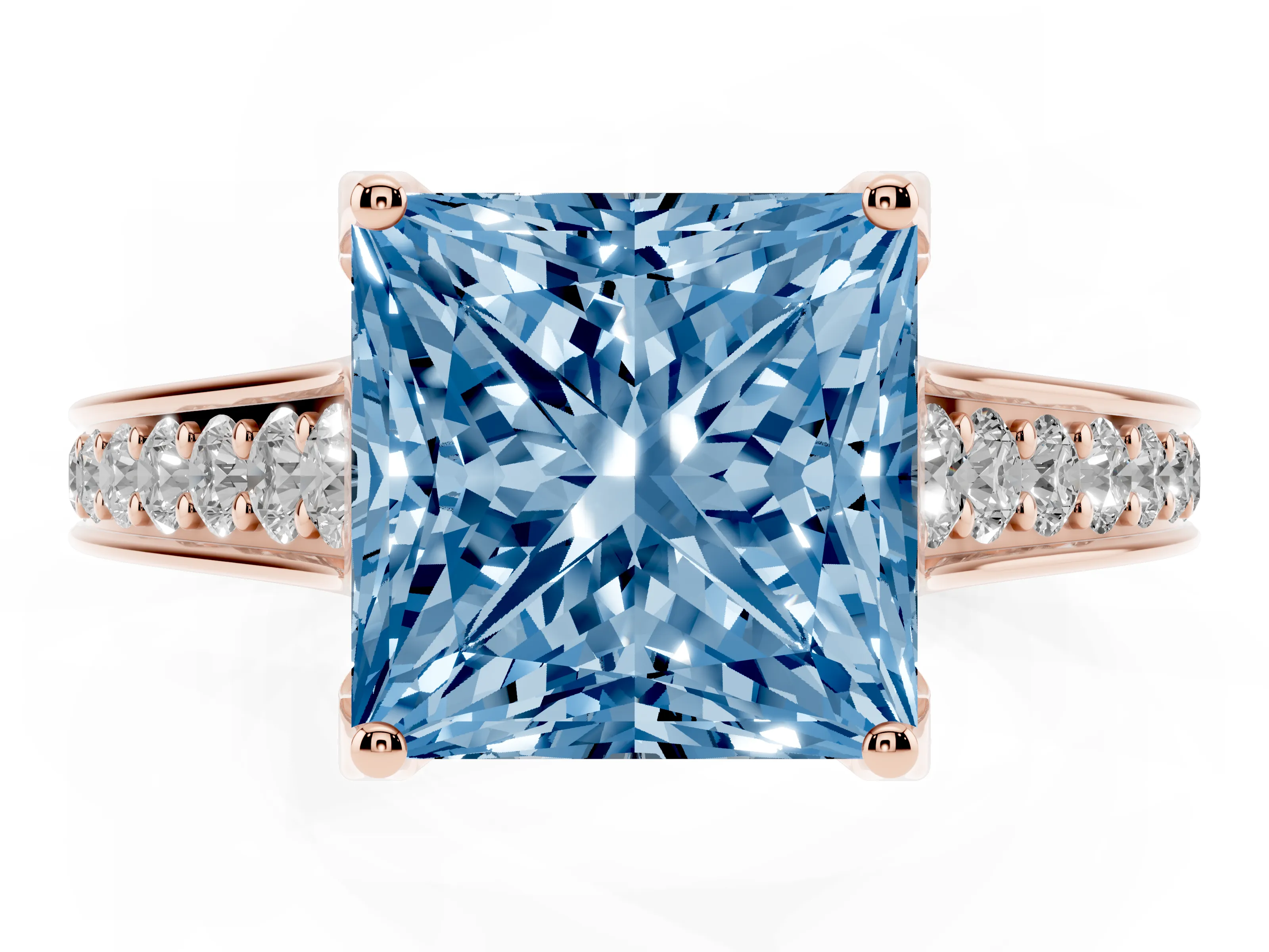 Fancy Blue Princess Cut Diamond Solitaire Pavé Engagement Ring Set in Rose gold with Prong Setting