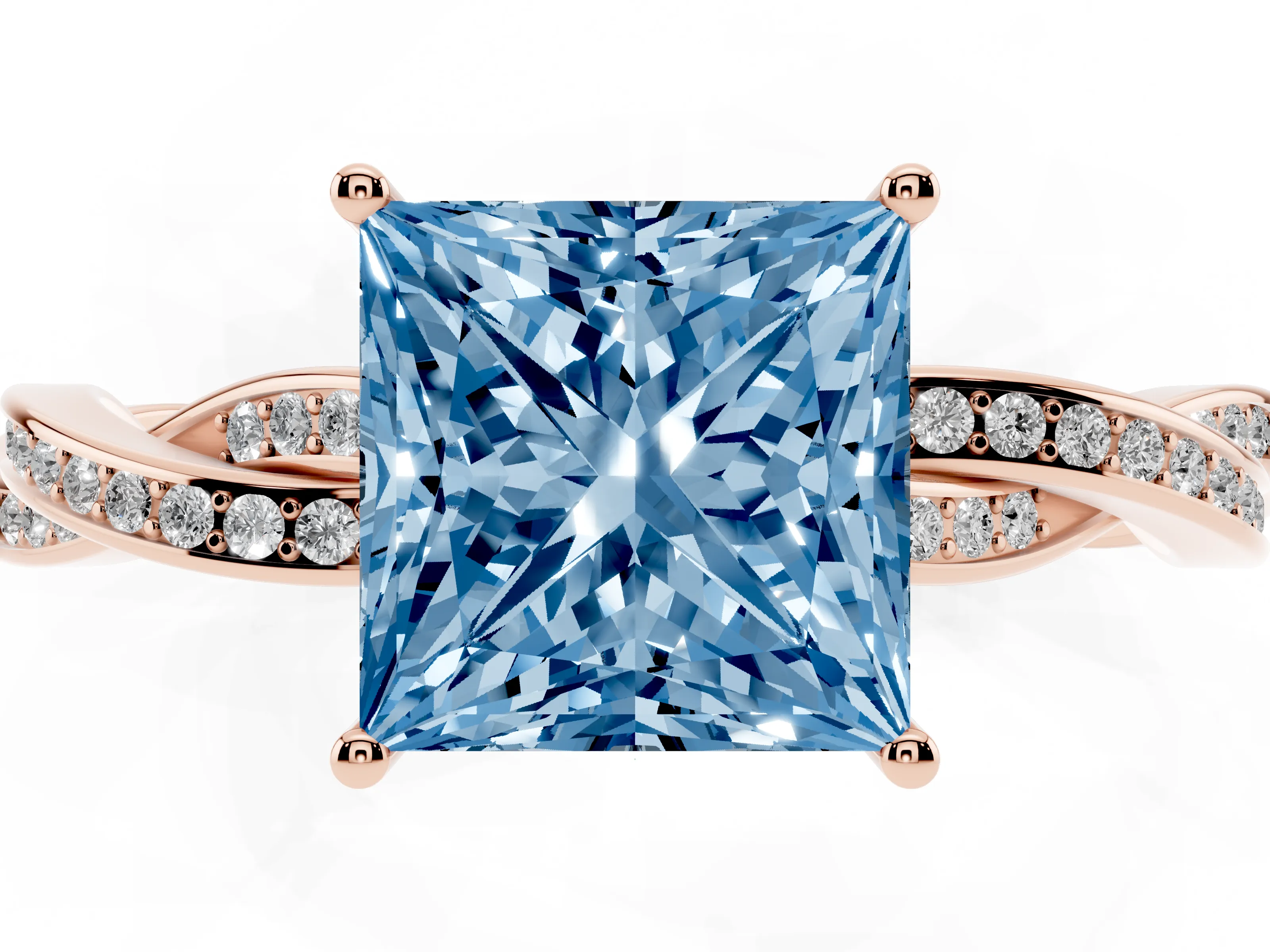 Fancy Blue Princess Cut Diamond Solitaire Twisted Pavé Ring Set in Rose gold with Prong Setting