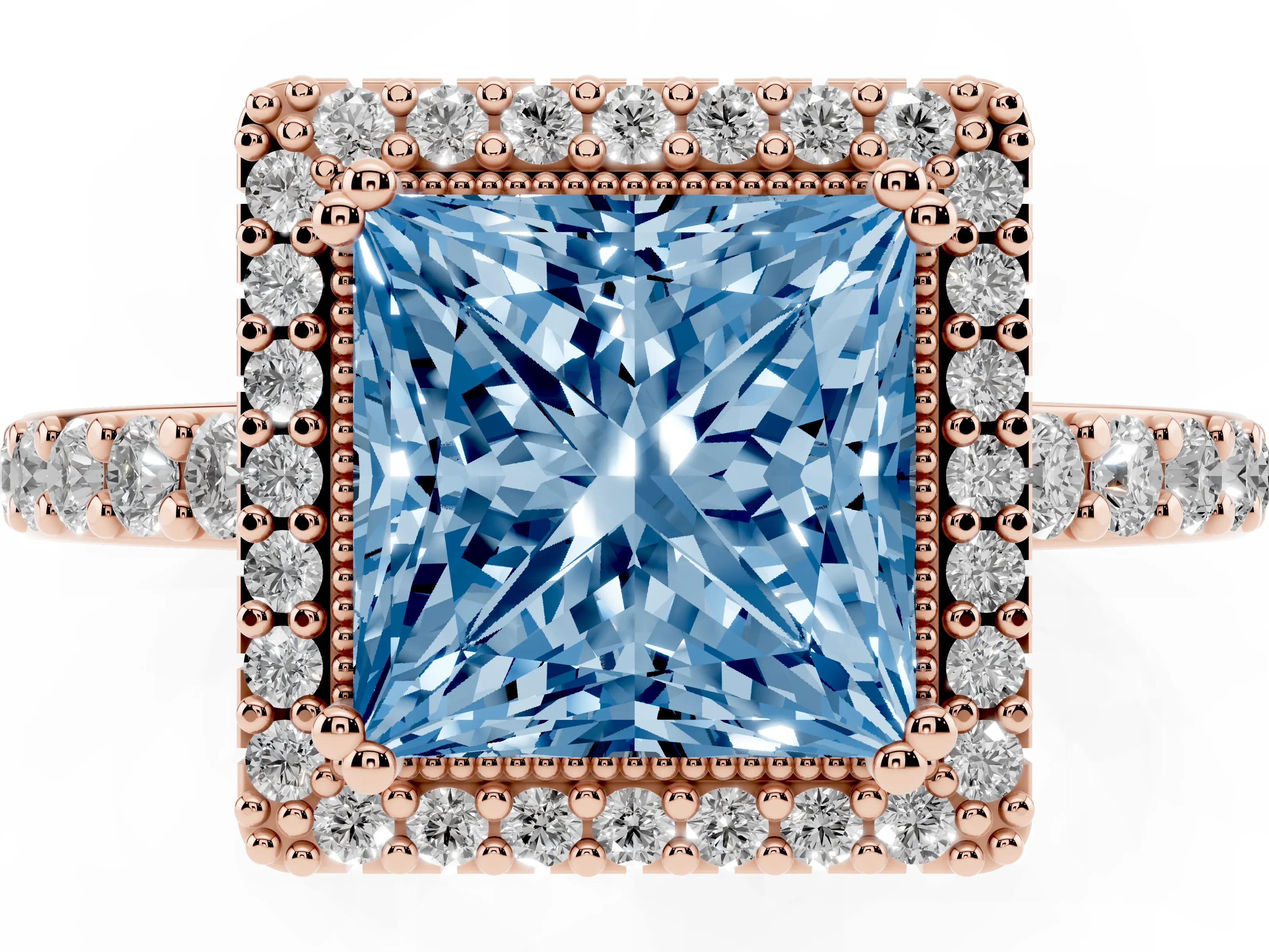 Fancy Blue Princess Cut Diamond Halo Engagement Ring Set in Rose gold with Milgrain Detail and Pavé Band
