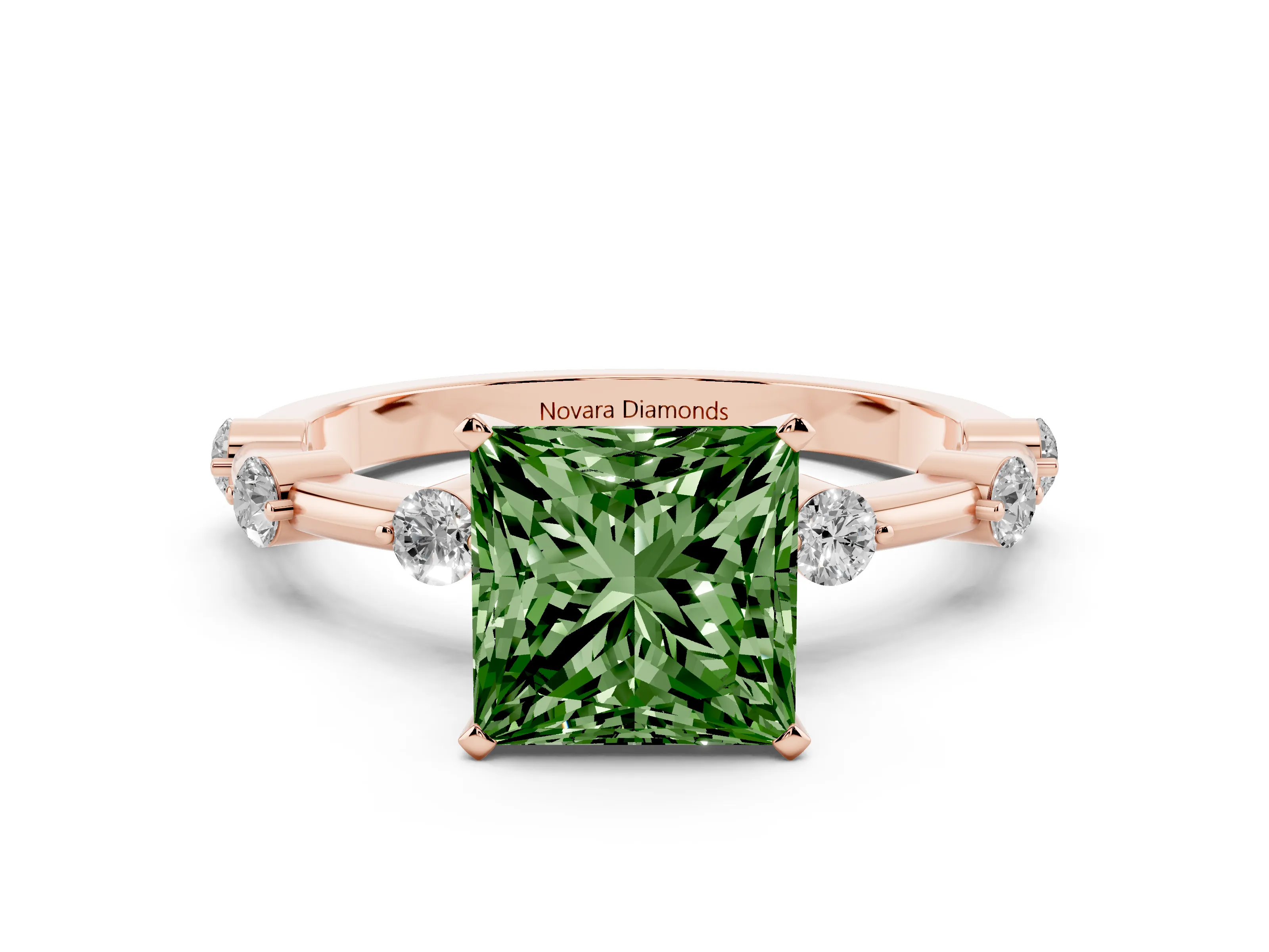 Fancy Green Princess Cut Diamond Solitaire Ring Set in Rose gold with Bezel Set Side Stones and Prong Setting