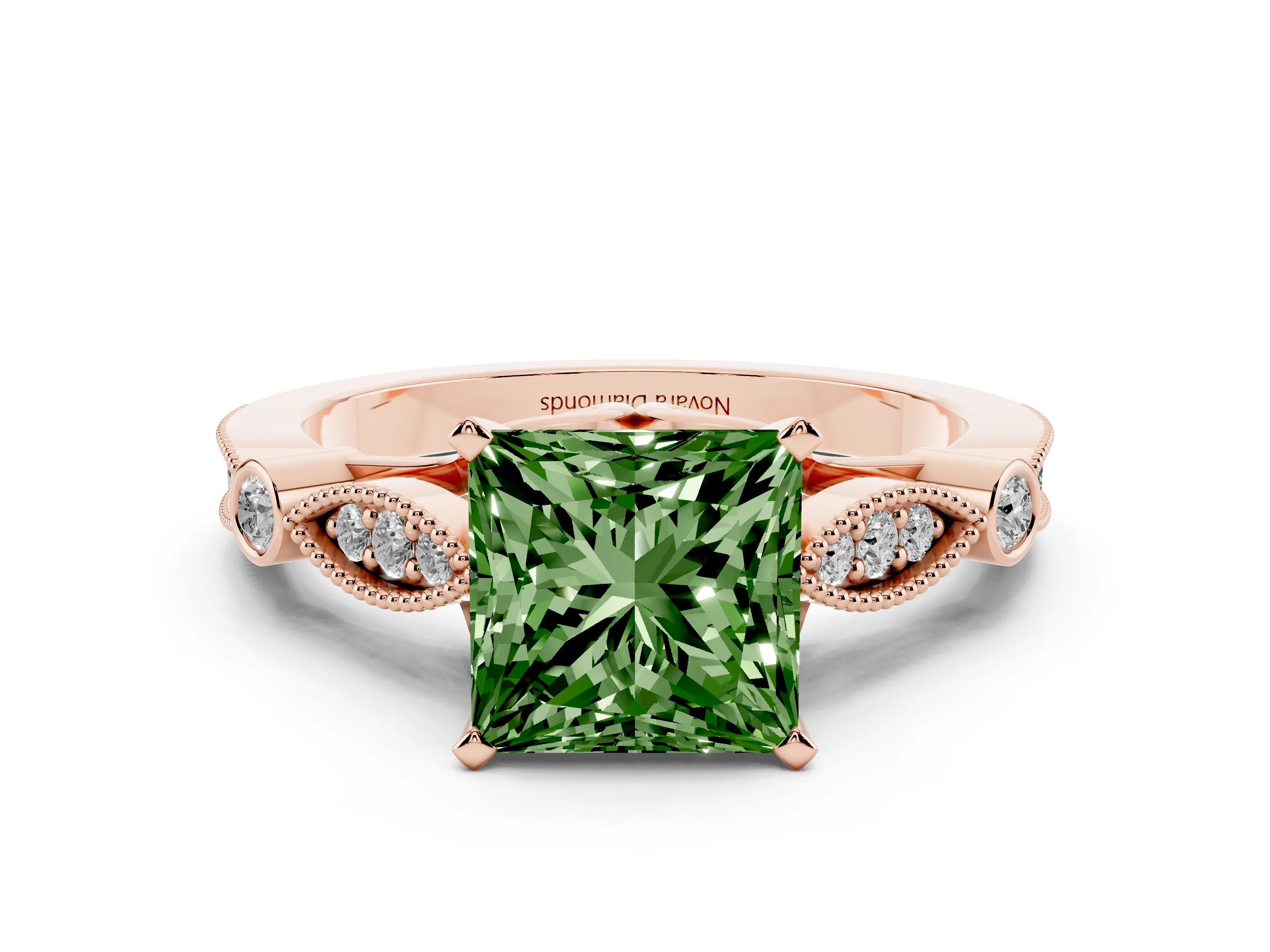Fancy Green Princess Cut Diamond Solitaire Ring Set in Rose gold with Milgrain Marquise and Bezel Accents