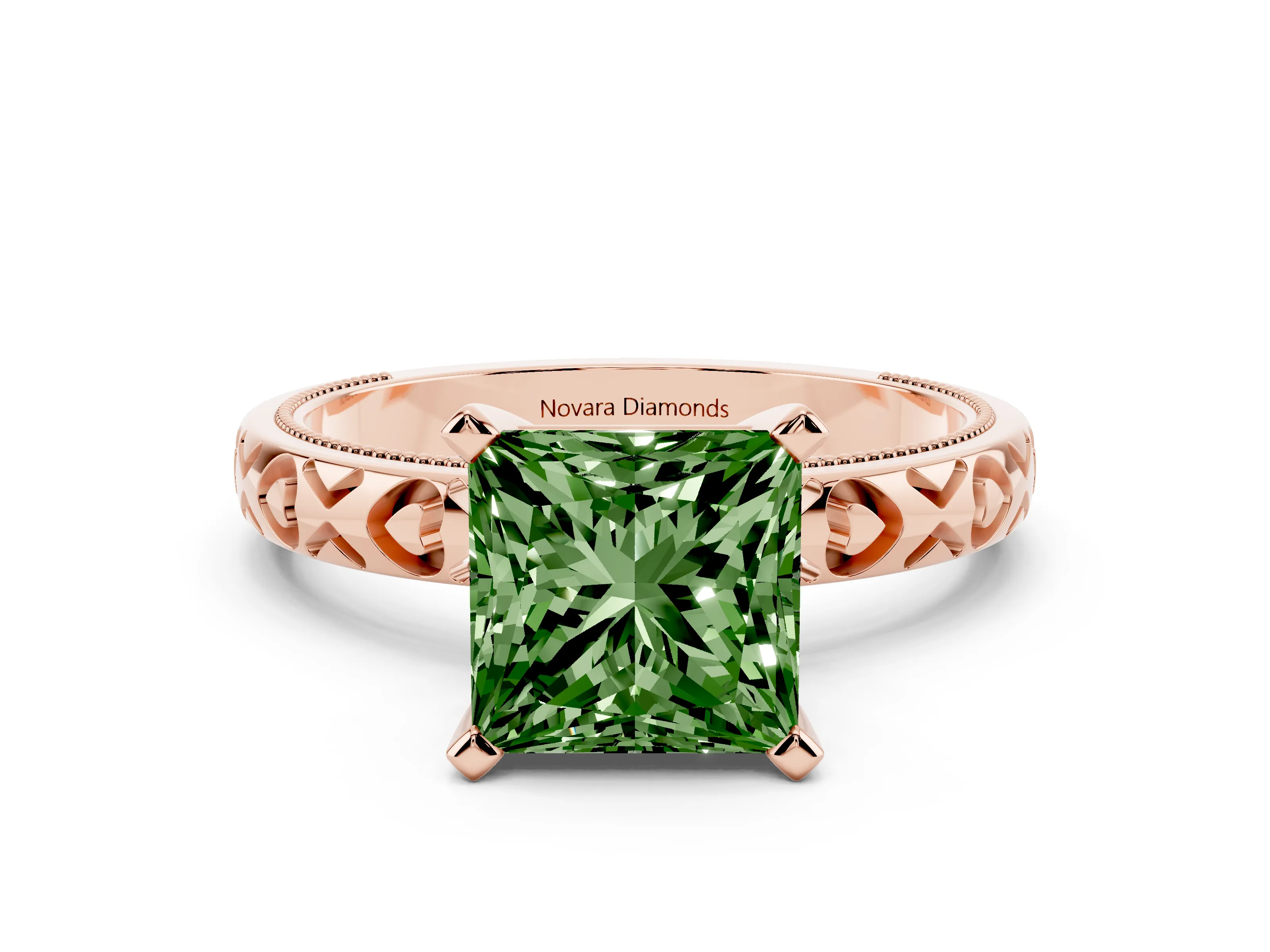 Fancy Green Princess Cut Diamond Solitaire Engagement Ring Set in Rose gold with XO Engraved Band and Prong Setting