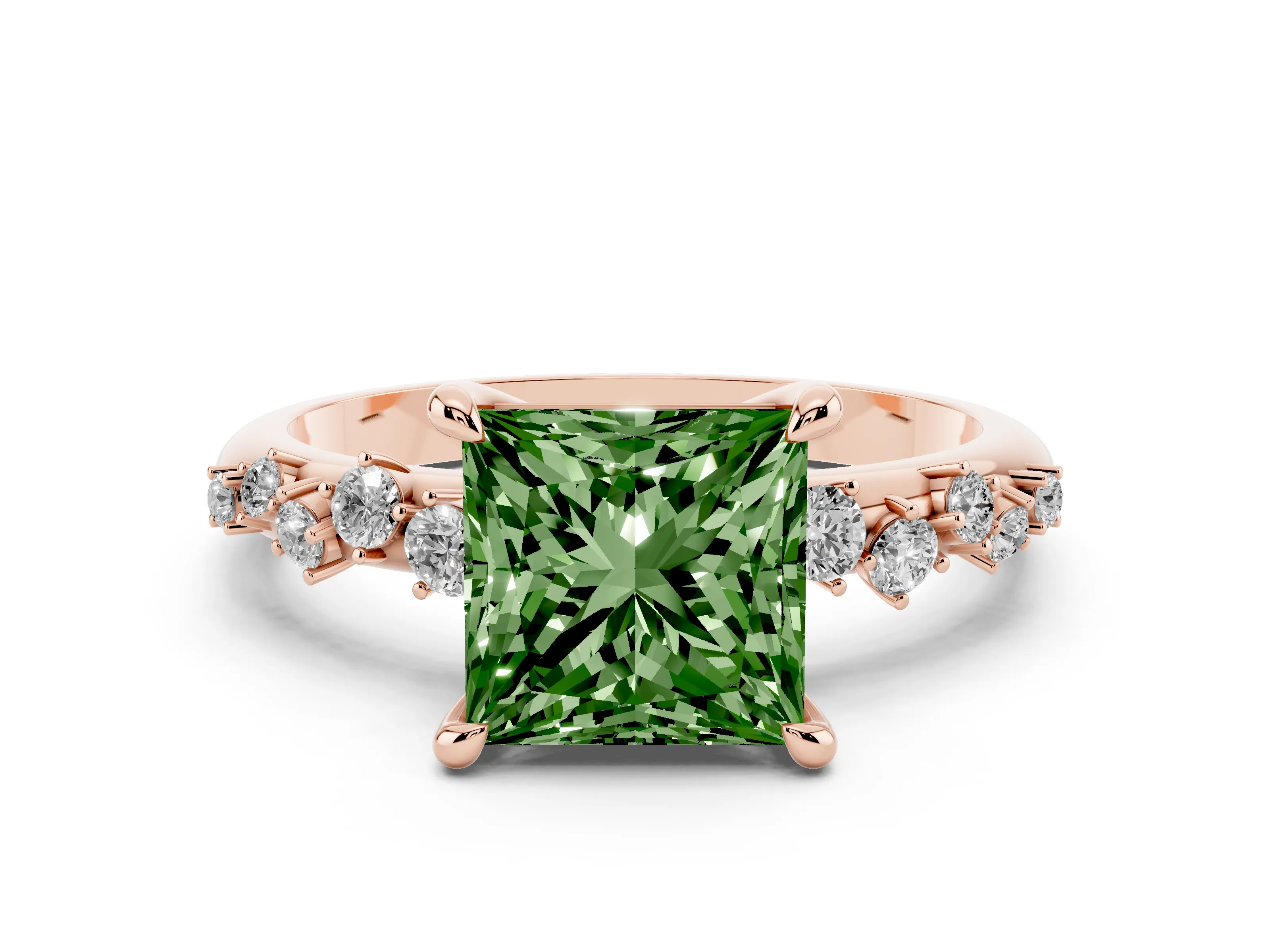 Fancy Green Princess Cut Diamond Solitaire Vine Band Ring Set in Rose gold with Round Accents and Prong Setting
