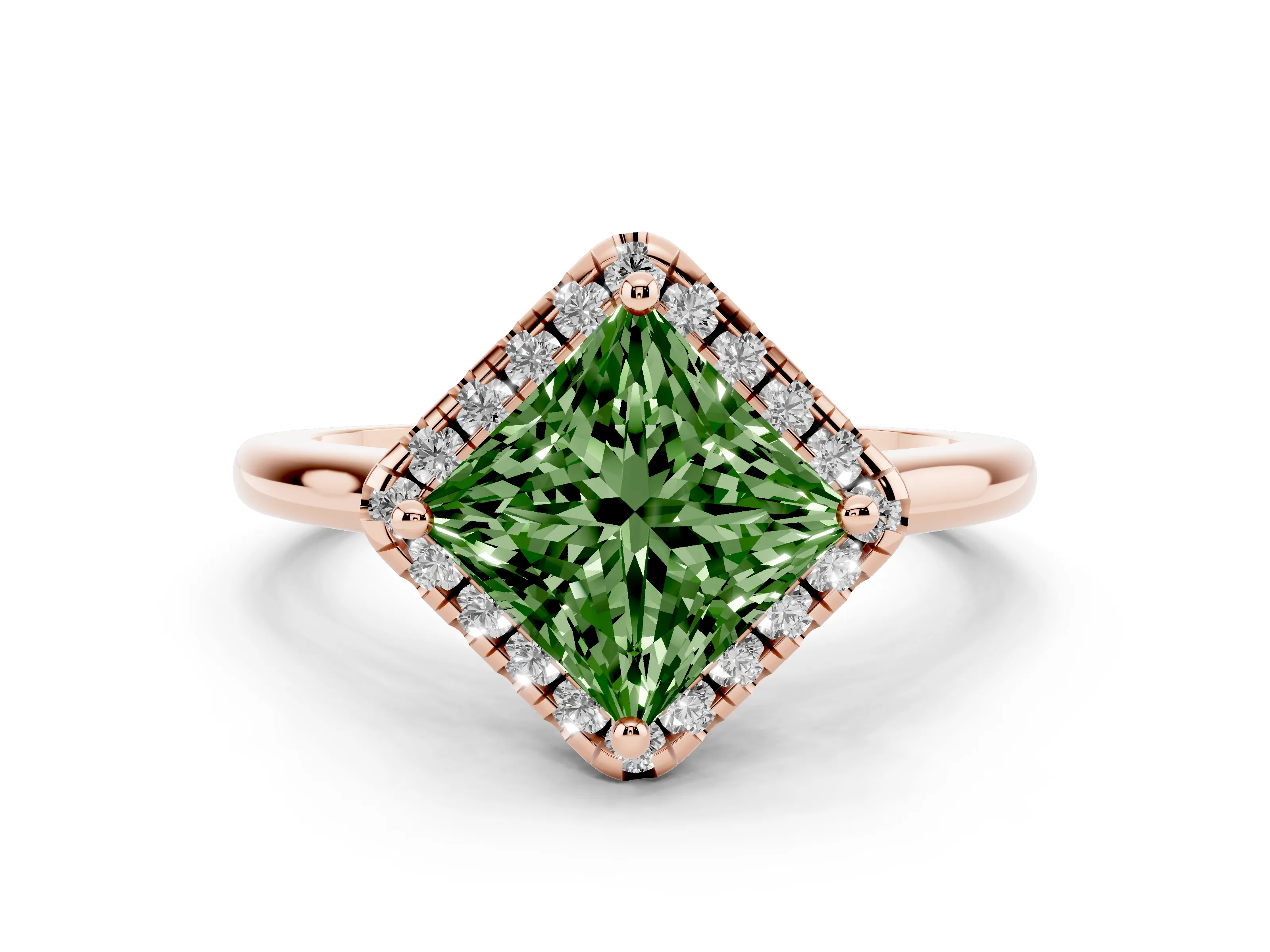 Fancy Green Princess Cut Diamond Halo Engagement Ring Set in Rose gold with Pavé Band and Rising Shoulders