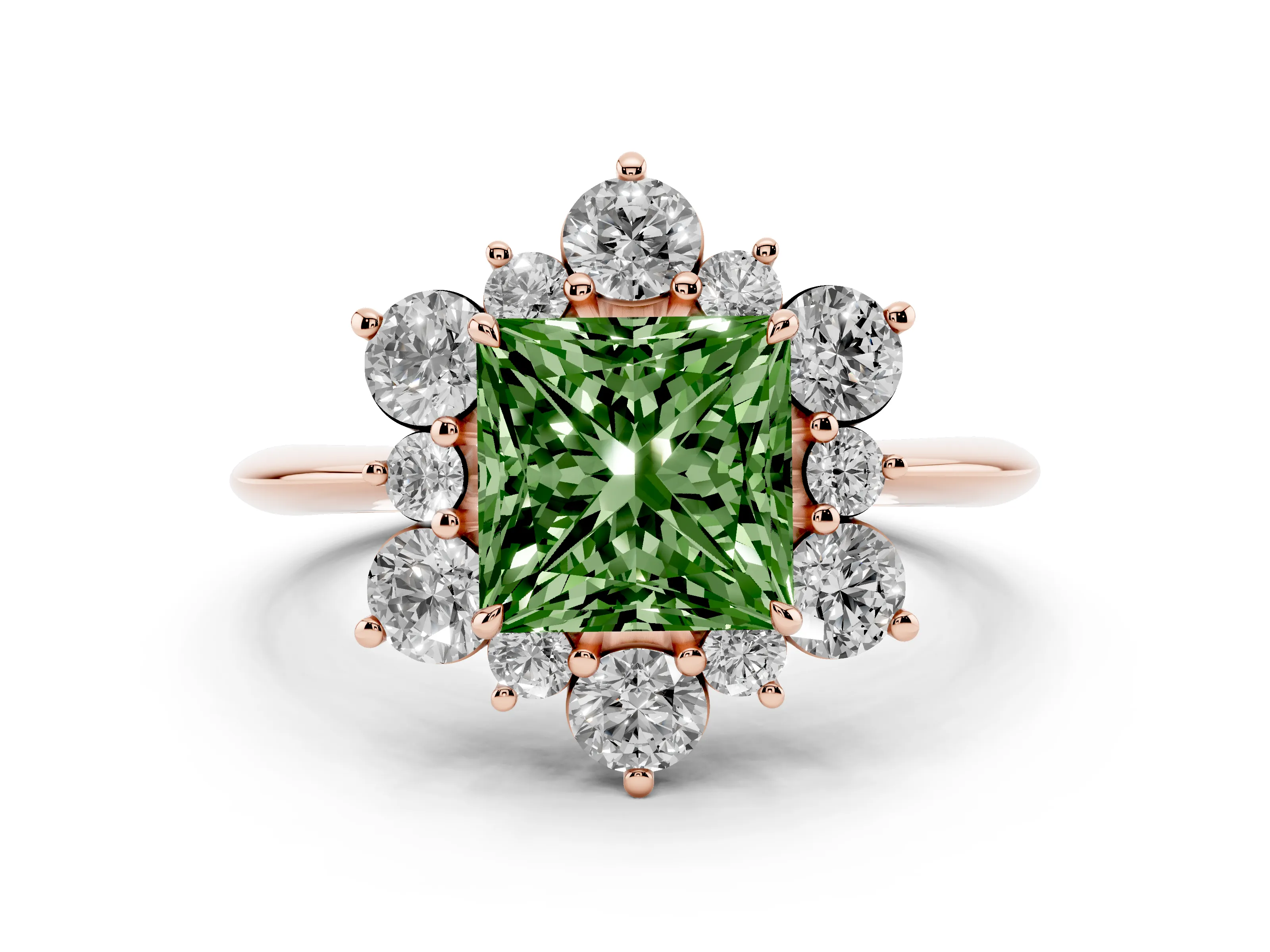 Fancy Green Princess Cut Diamond Cluster Halo Ring Set in Rose gold with Solitaire Band and Prong Setting