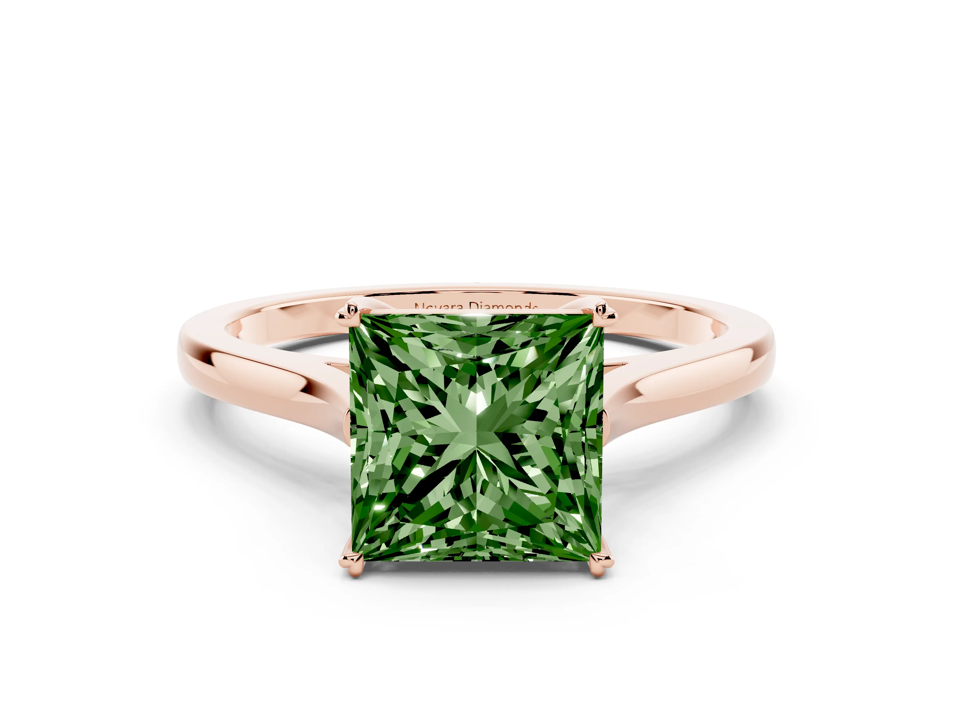 Fancy Green Princess Cut Diamond Solitaire Heart Prong Engagement Ring Set in Rose gold with Tapered Band