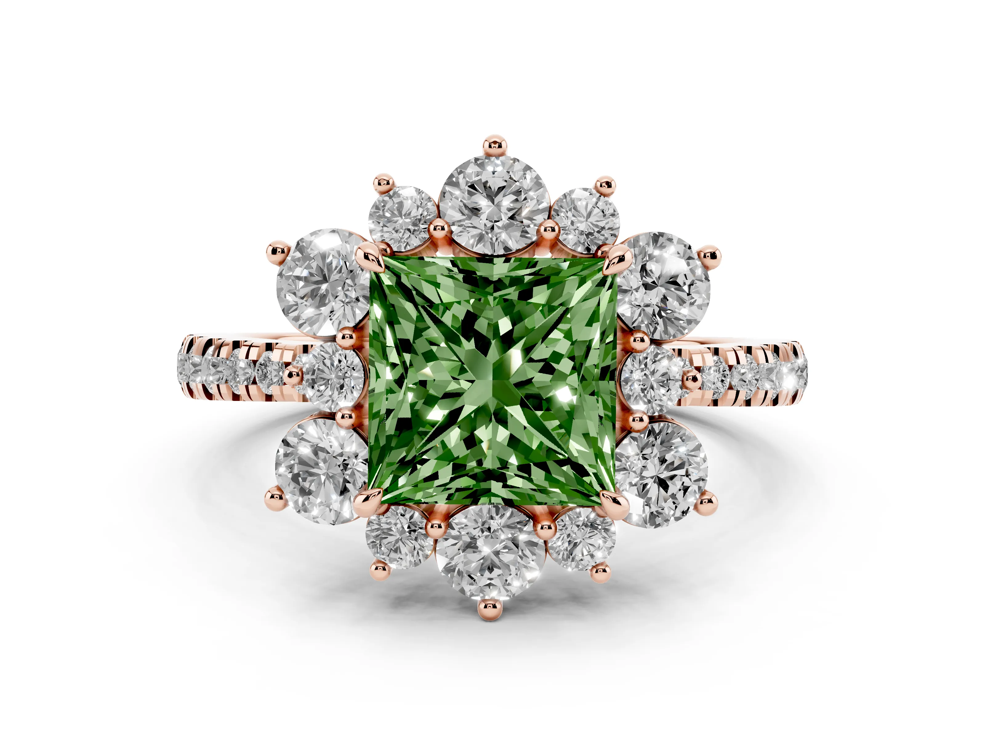 Fancy Green Princess Cut Diamond Floral Halo Ring Set in Rose gold with Round Pavé Band and Prong Setting