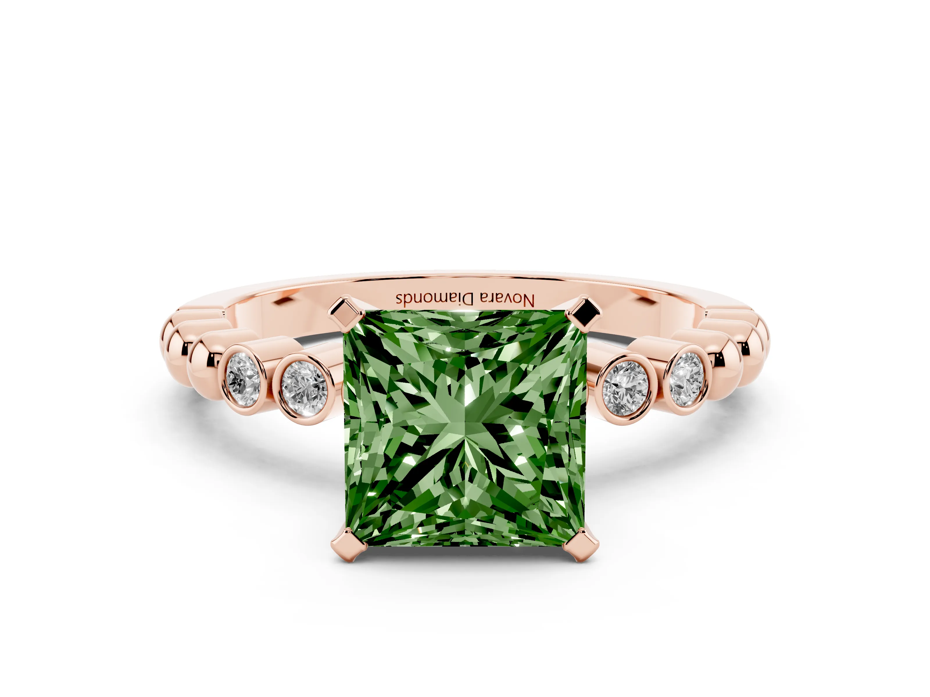 Fancy Green Princess Cut Diamond Solitaire Engagement Ring Set in Rose gold with Bezel Accents on Beaded Band