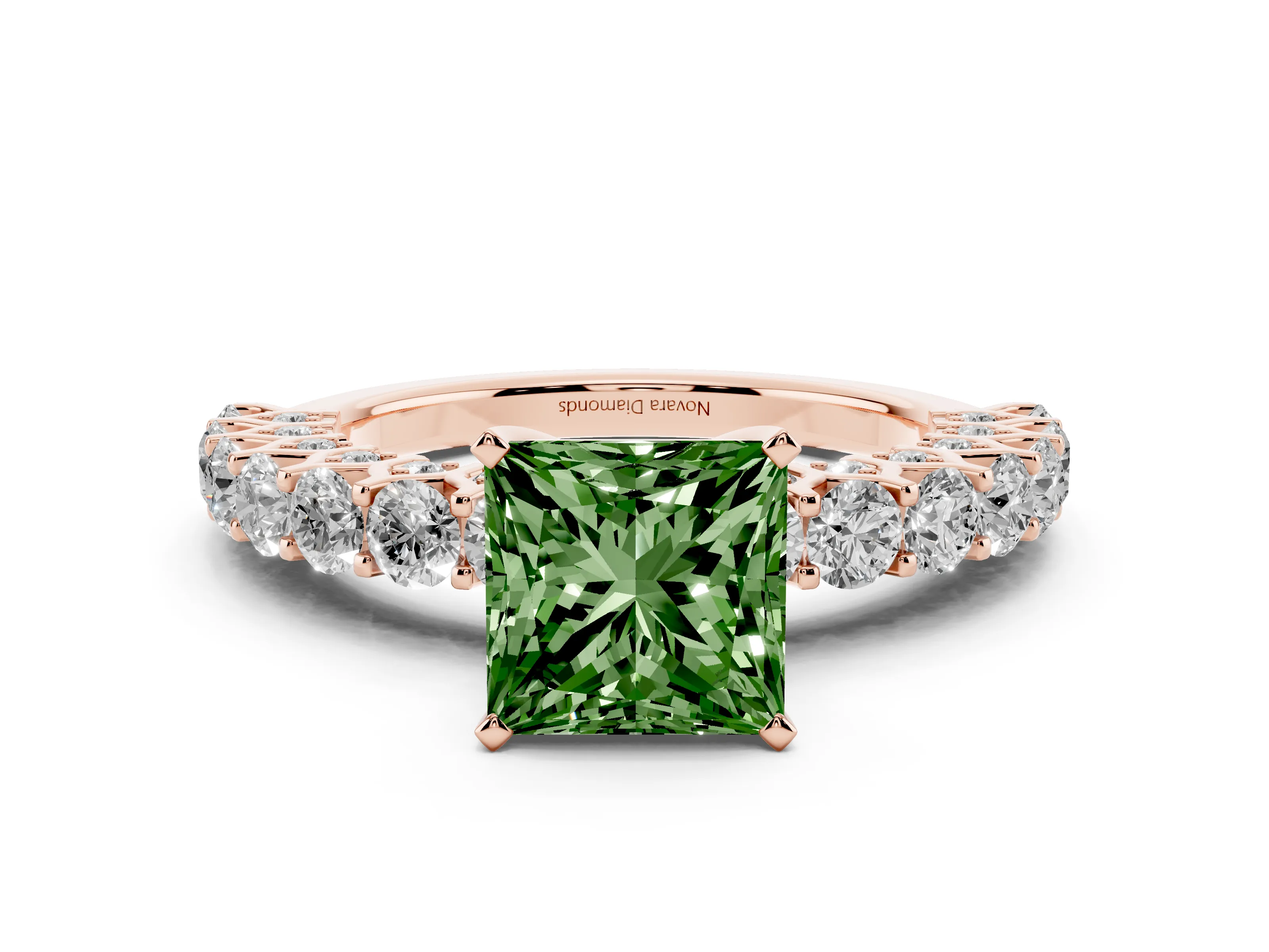 Fancy Green Princess Cut Diamond Solitaire Ring Set in Rose gold with Shared Prong Pavé Band