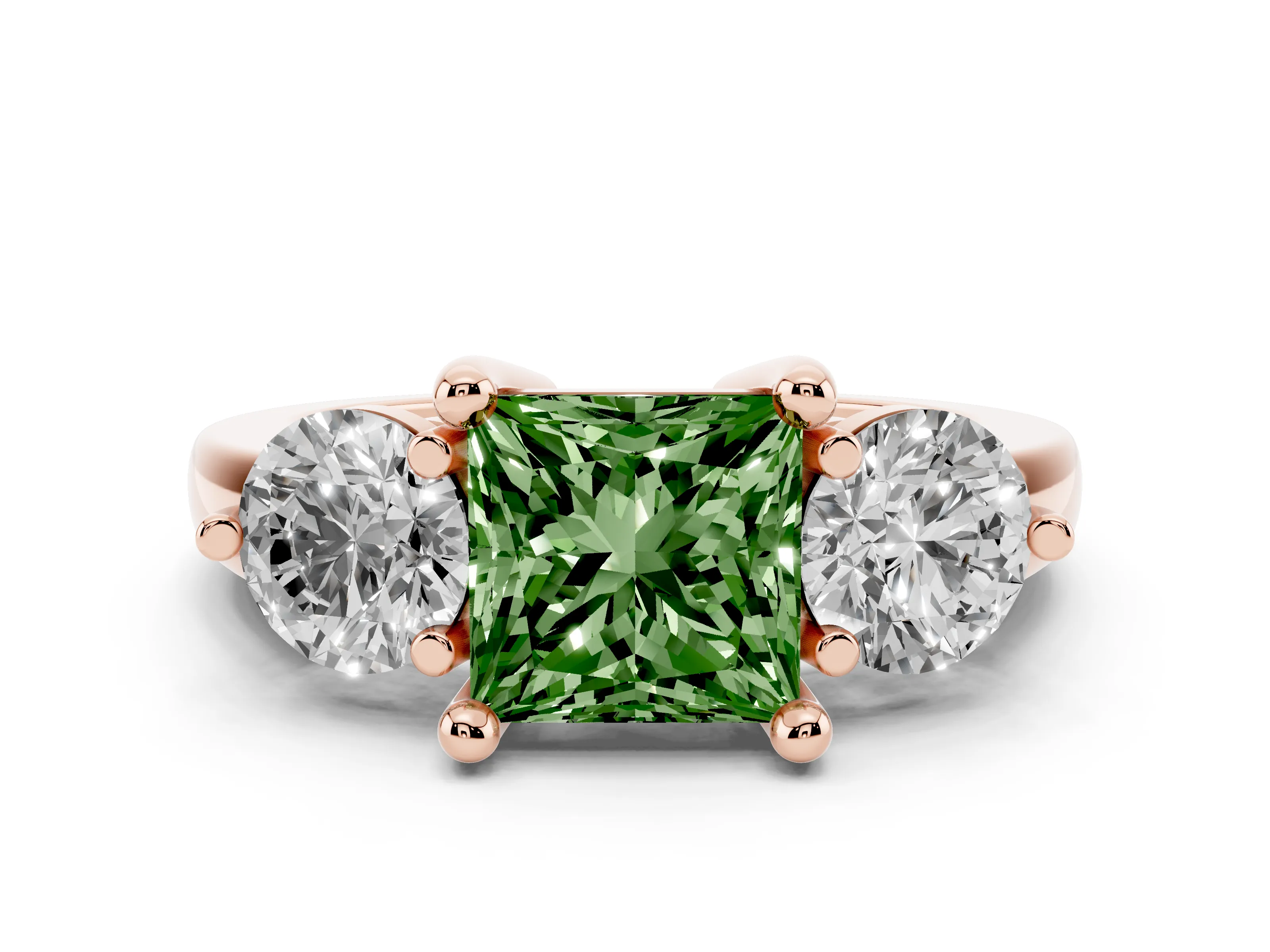 Fancy Green Princess Cut Diamond Three-Stone Ring Set in Rose gold with Prong Setting and Classic Band