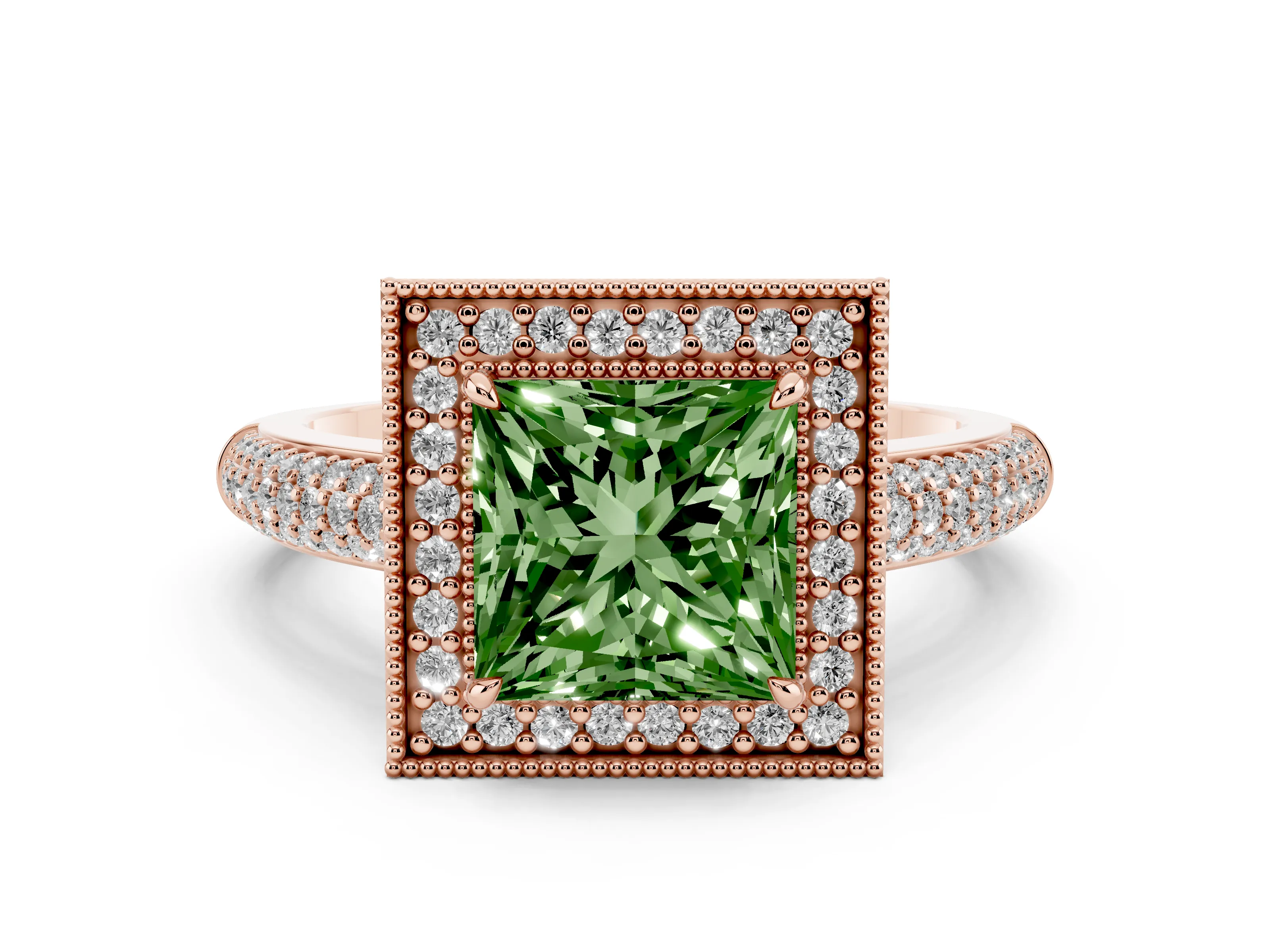 Fancy Green Princess Cut Diamond Halo Pavé Band Set in Rose gold with Prong Setting