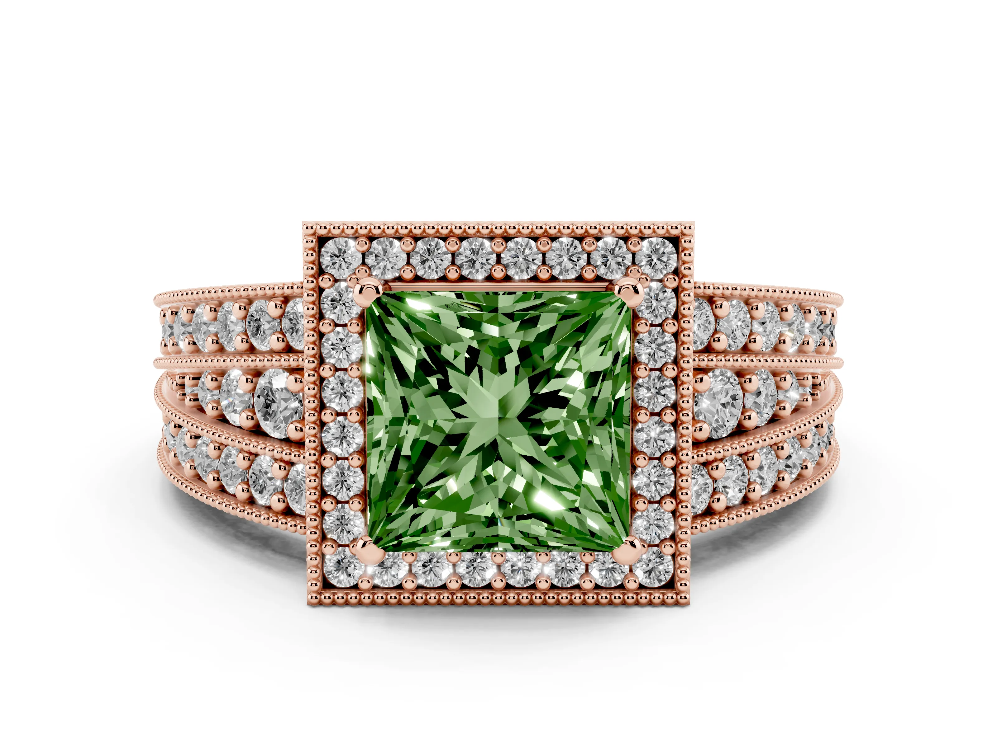 Fancy Green Princess Cut Diamond Halo Ring Set in Rose gold with Accent Split Shank and Prong Setting