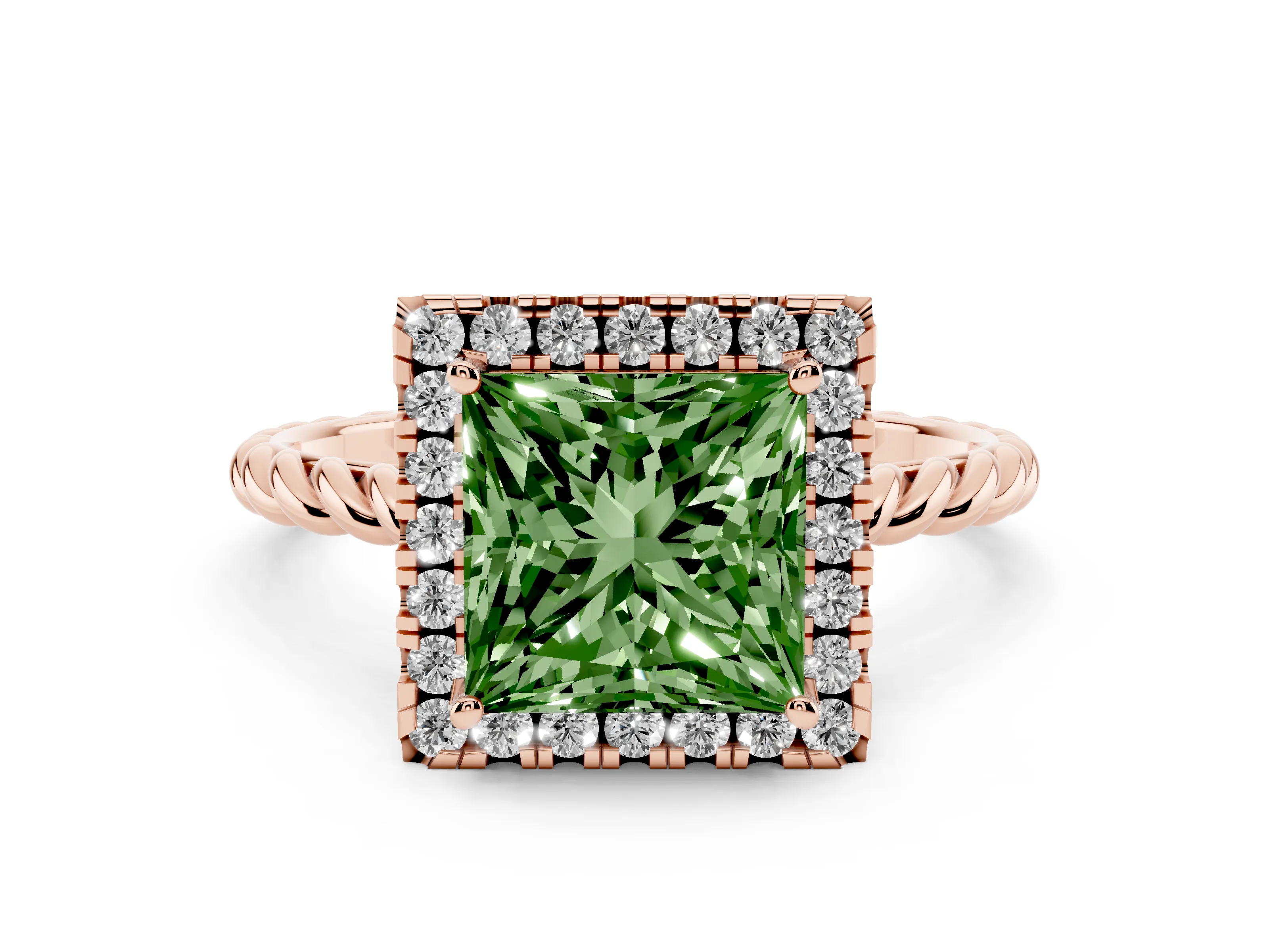 Fancy Green Princess Cut Diamond Halo Ring Set in Rose gold with Plain Twisted Band