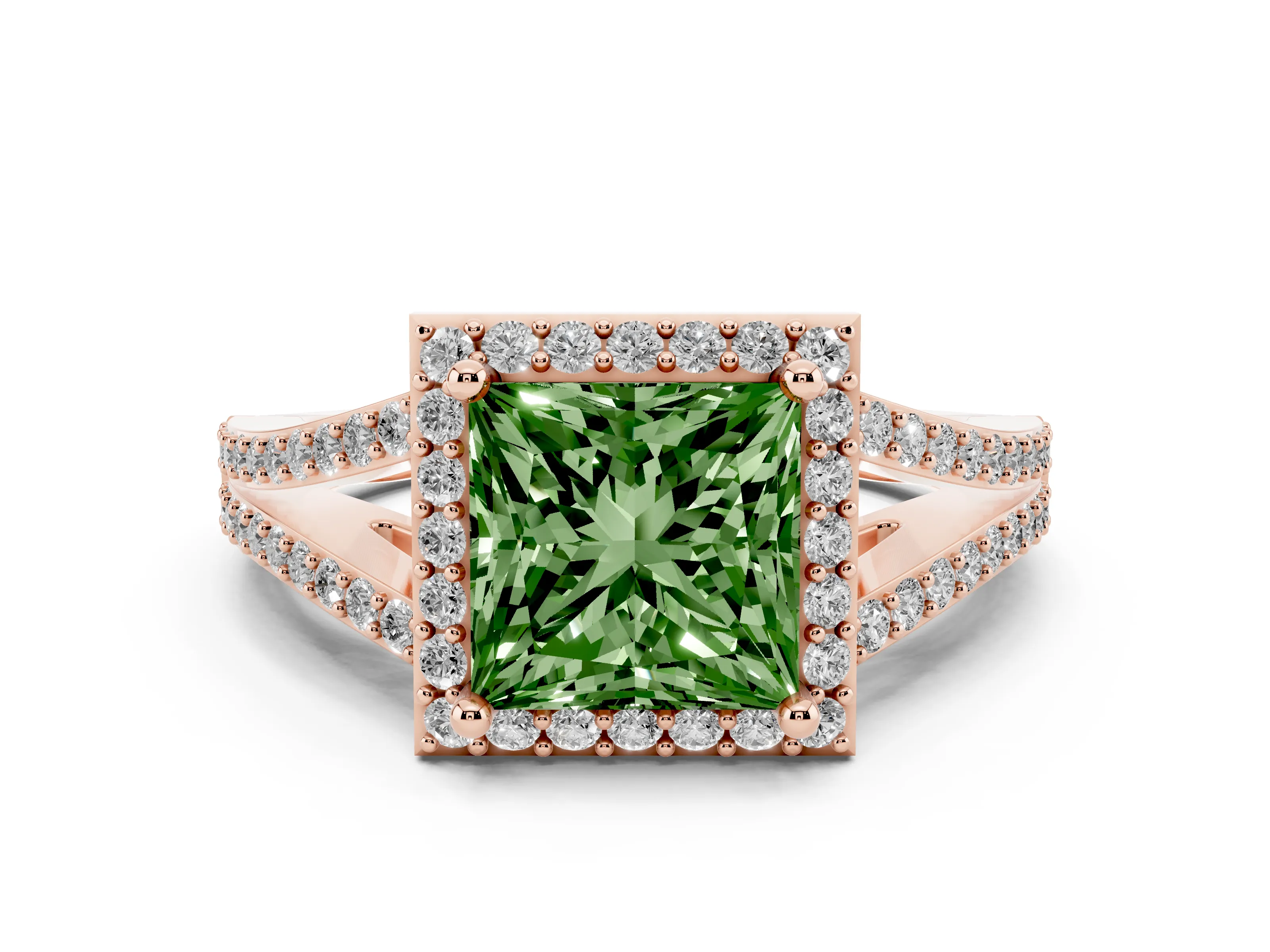 Fancy Green Princess Cut Diamond Halo Split Shank Pavé Ring Set in Rose gold with Prong Setting