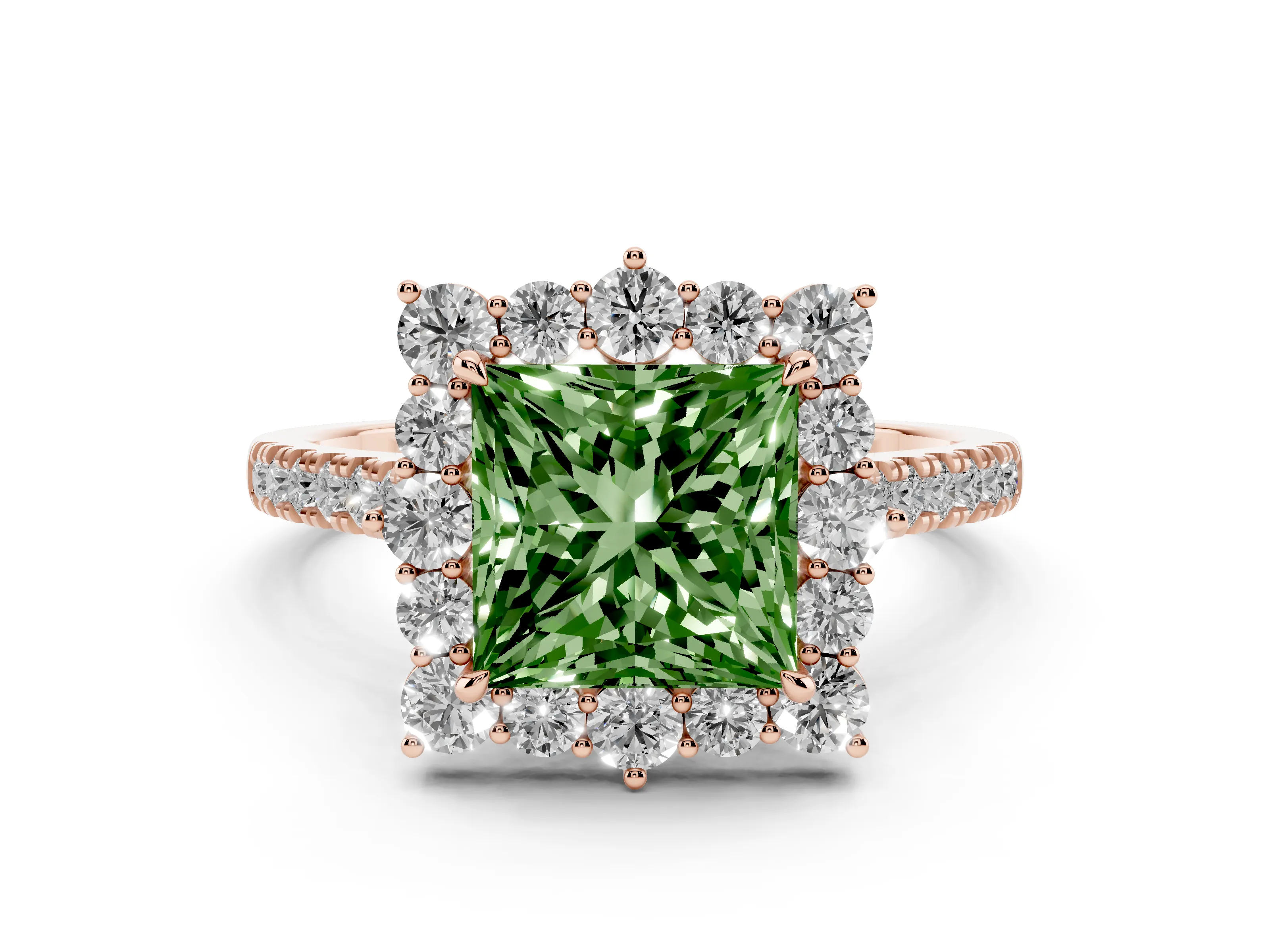 Fancy Green Princess Cut Diamond Halo Ring Set in Rose gold with Pavé Band and Prong Setting