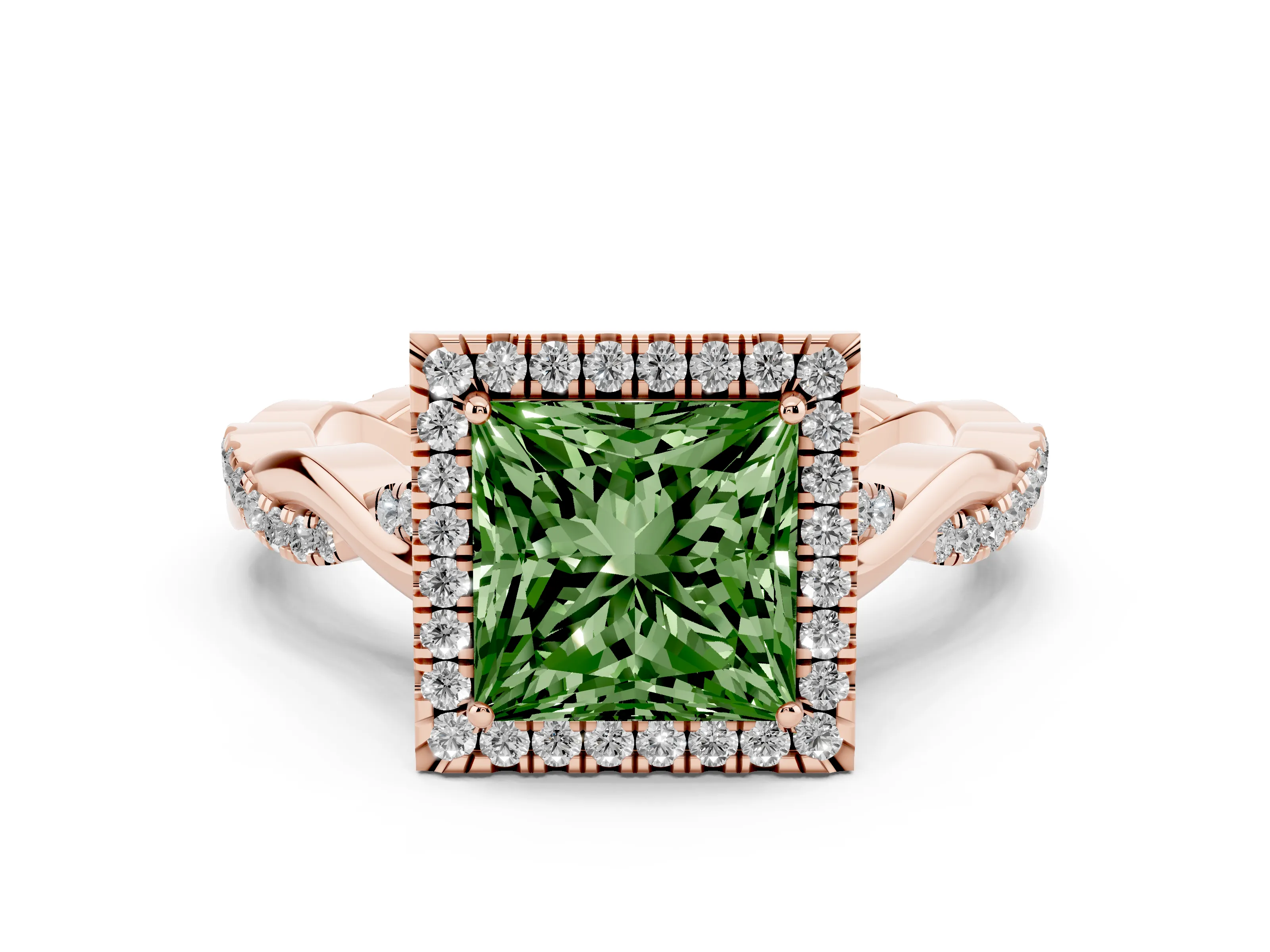 Fancy Green Princess Cut Diamond Halo Twist Band Solitaire Ring Set in Rose gold with Prong Setting
