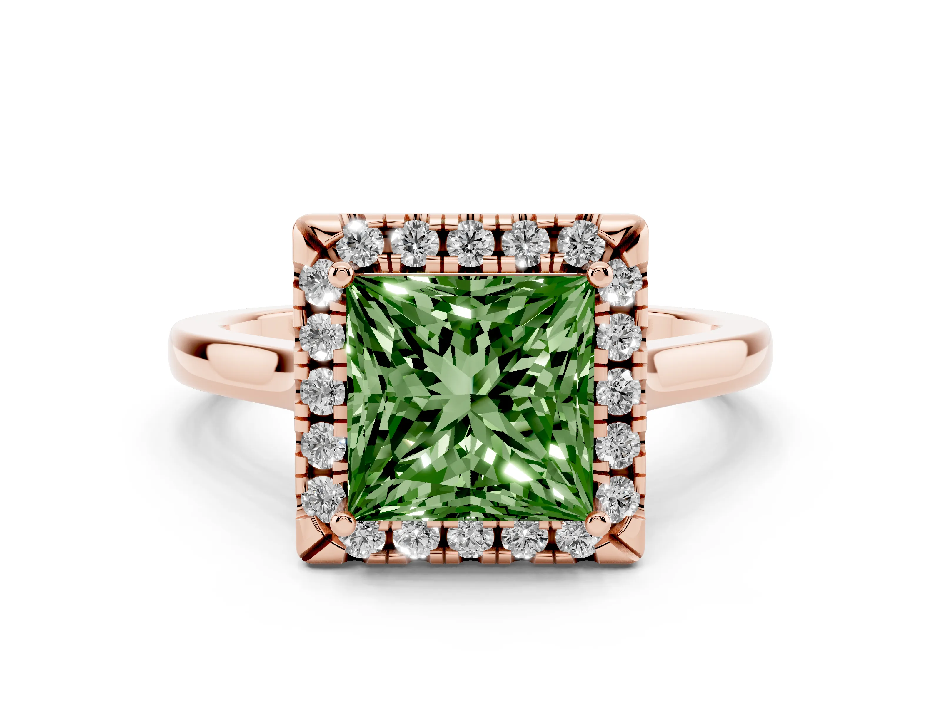 Fancy Green Princess Cut Halo Round Diamond Solitaire Ring Set in Rose gold with Pavé Band and Prong Setting