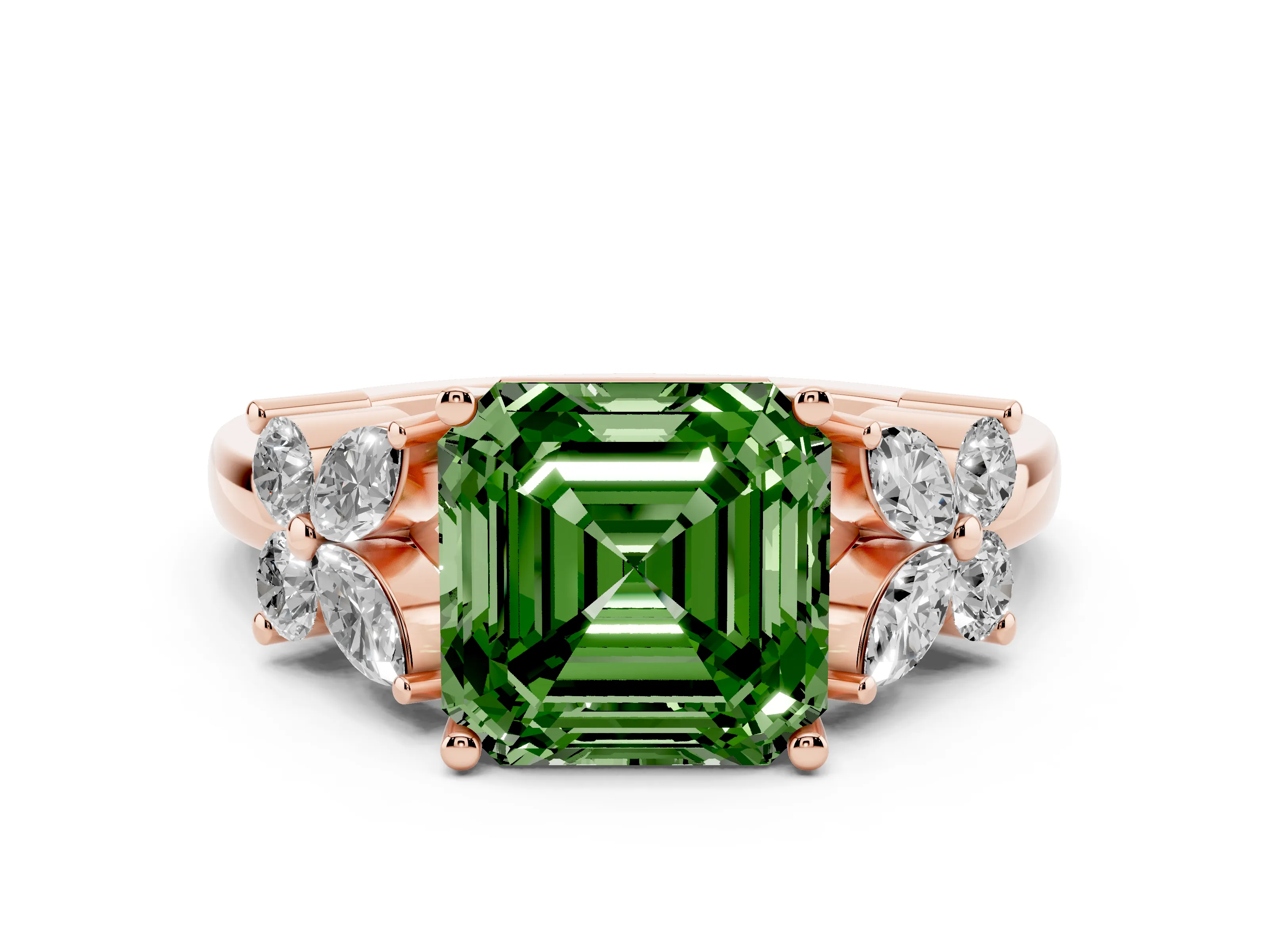 Fancy Green Princess Cut Diamond Floral Cluster Ring Set in Rose gold with Marquise Petals and Prong Setting