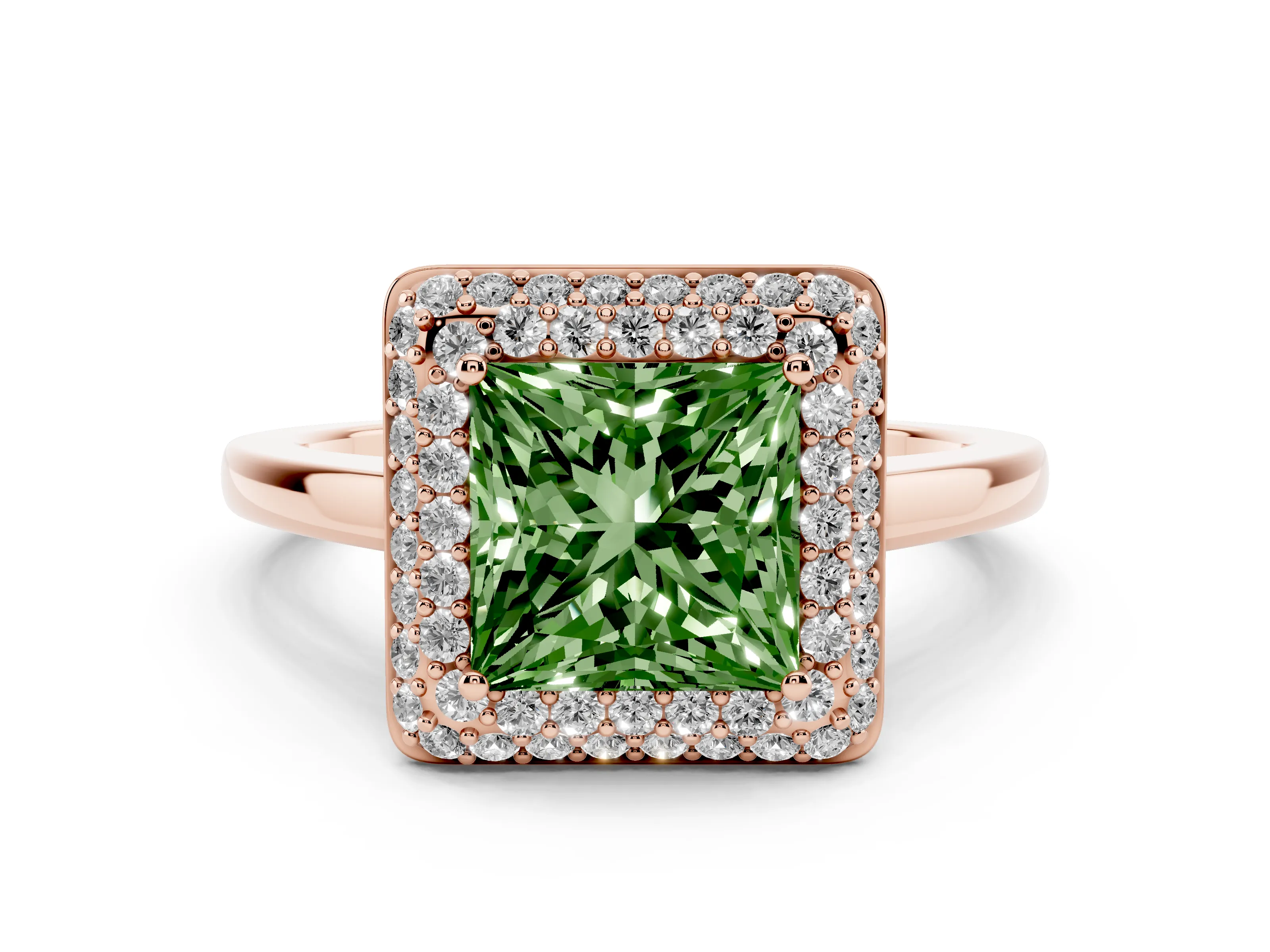 Fancy Green Princess Cut Diamond Halo Engagement Ring Set in Rose gold with Solitaire Band and Prong Setting