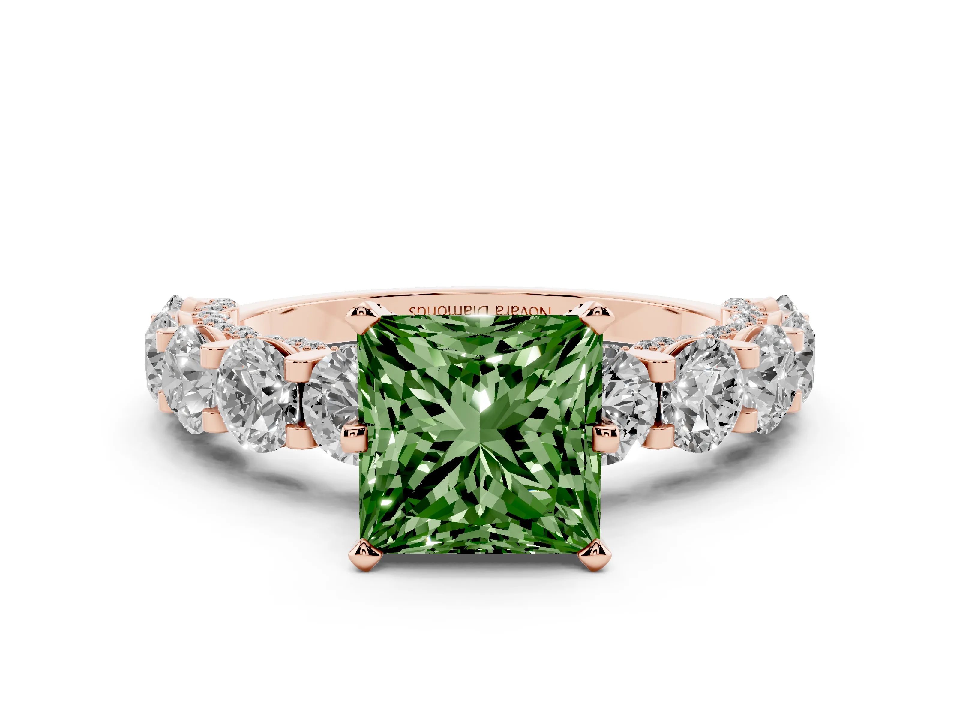 Fancy Green Princess Cut Diamond Side Stone Ring Set in Rose gold with Alternating Round and Oval Side Stones