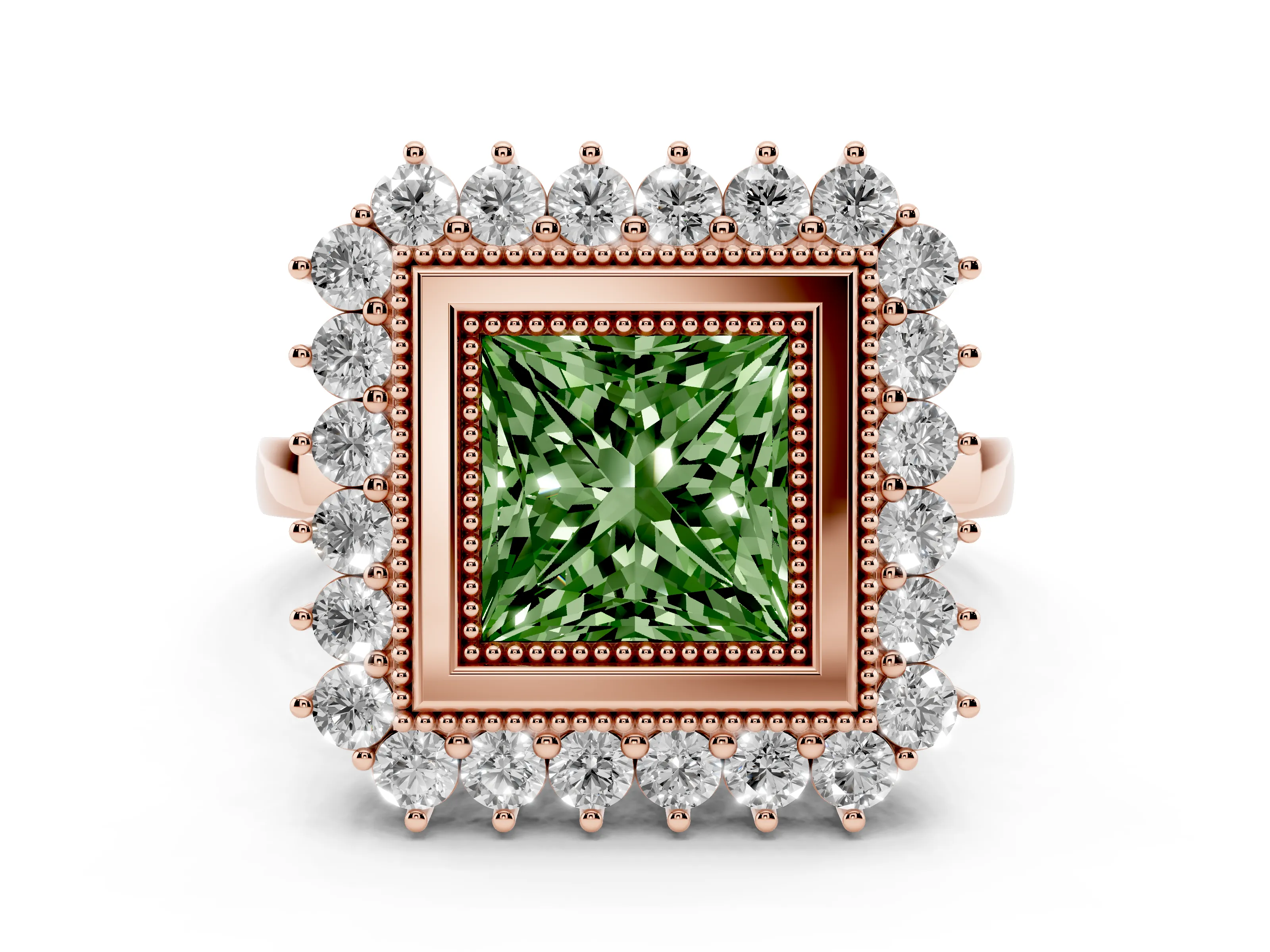 Fancy Green Princess Cut Diamond Halo Ring Set in Rose gold with Milgrain Edge and Round Prong Setting