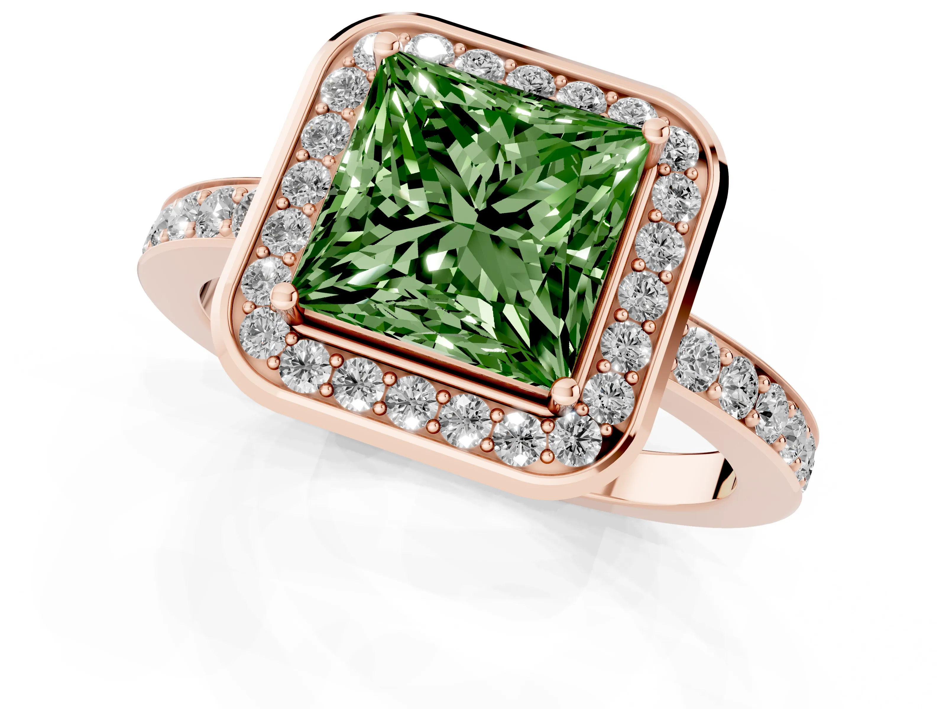Fancy Green Princess Cut Diamond Halo Ring Set in Rose gold with Bezel Frame and Pavé Band