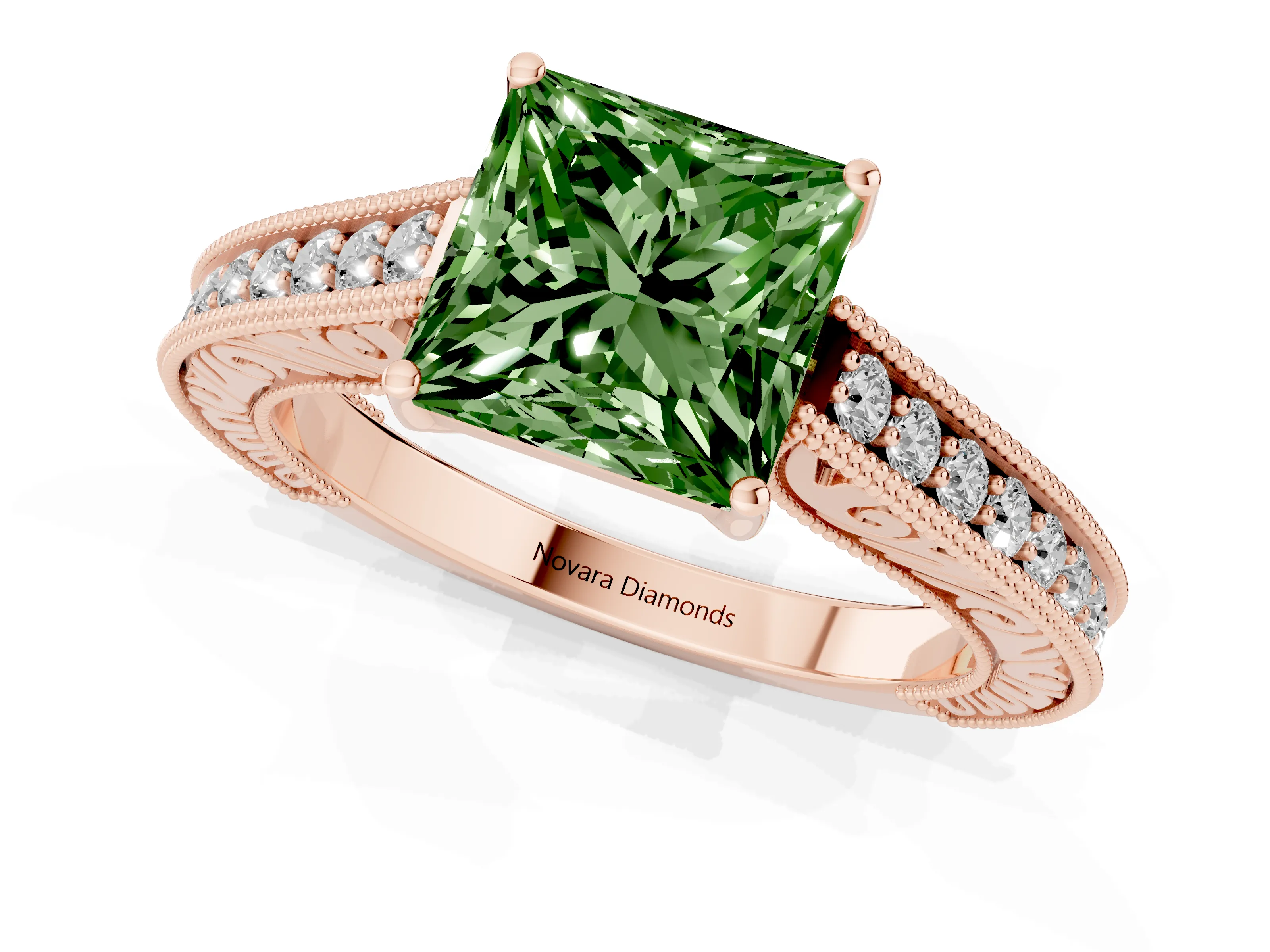 Fancy Green Princess Cut Diamond Milgrain Pavé Band Solitaire Ring Set in Rose gold with Prong Setting