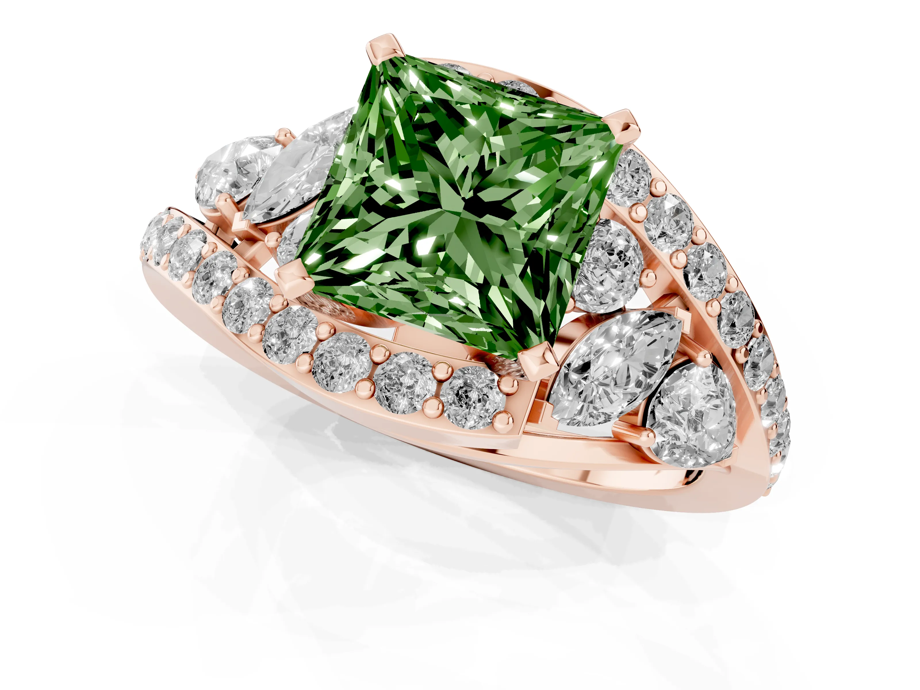 Fancy Green Princess Cut Diamond Halo Ring Set in Rose gold with Marquise and Pavé Band in Prong Setting