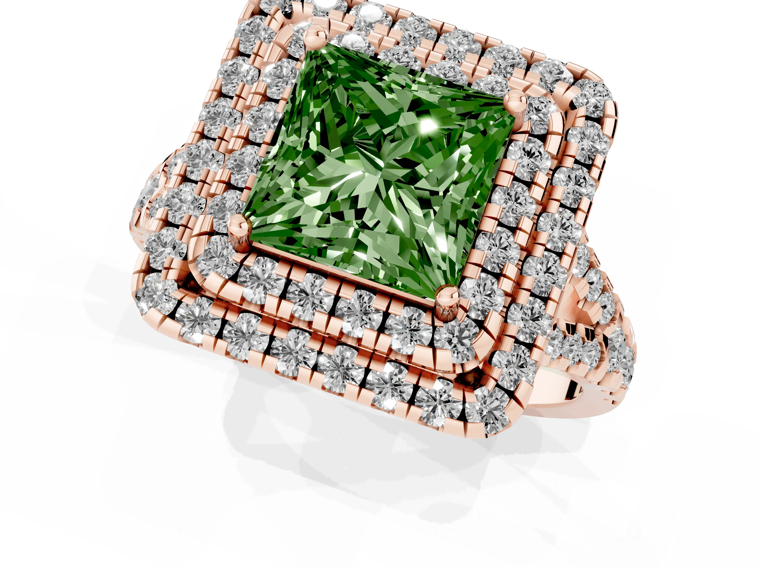 Fancy Green Princess Cut Diamond Double Halo Ring Set in Rose gold with Pavé Split Shank and Prong Setting