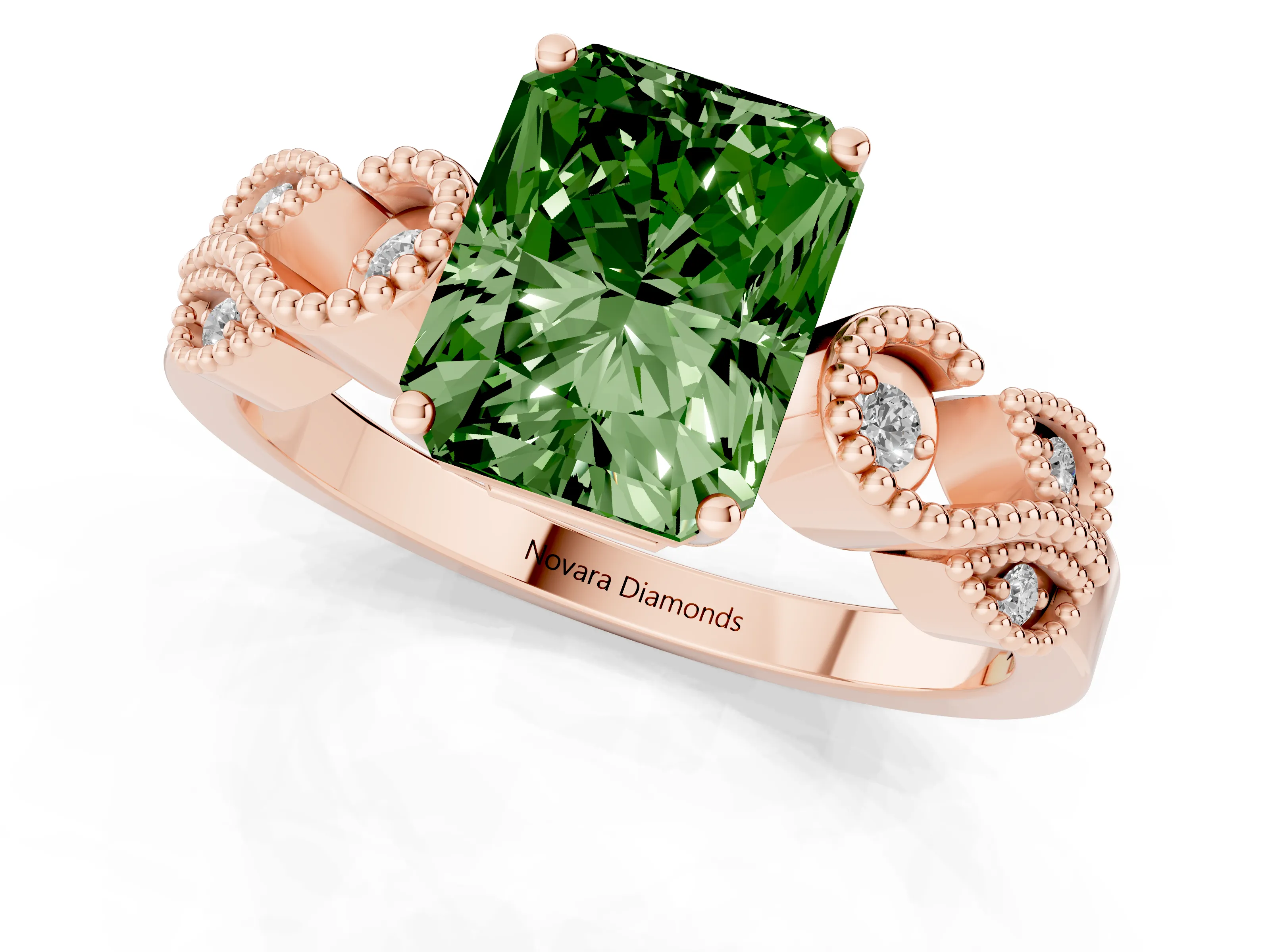 Fancy Green Princess Cut Diamond Milgrain Leaf Band Solitaire Ring Set in Rose gold with Accent Stones and Prong Setting