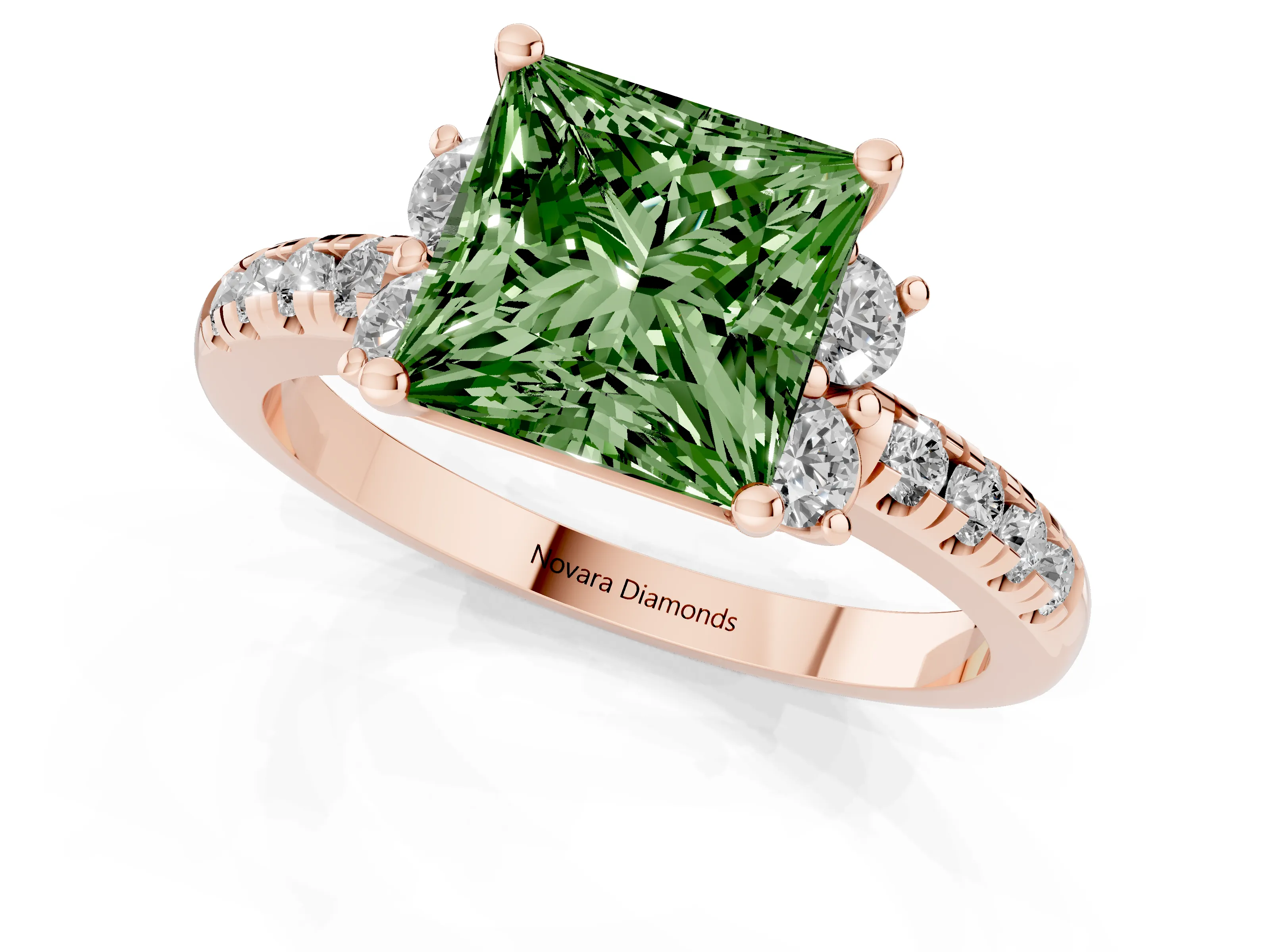 Fancy Green Princess Cut Diamond Three-Stone Pavé Ring Set in Rose gold with Prong Setting